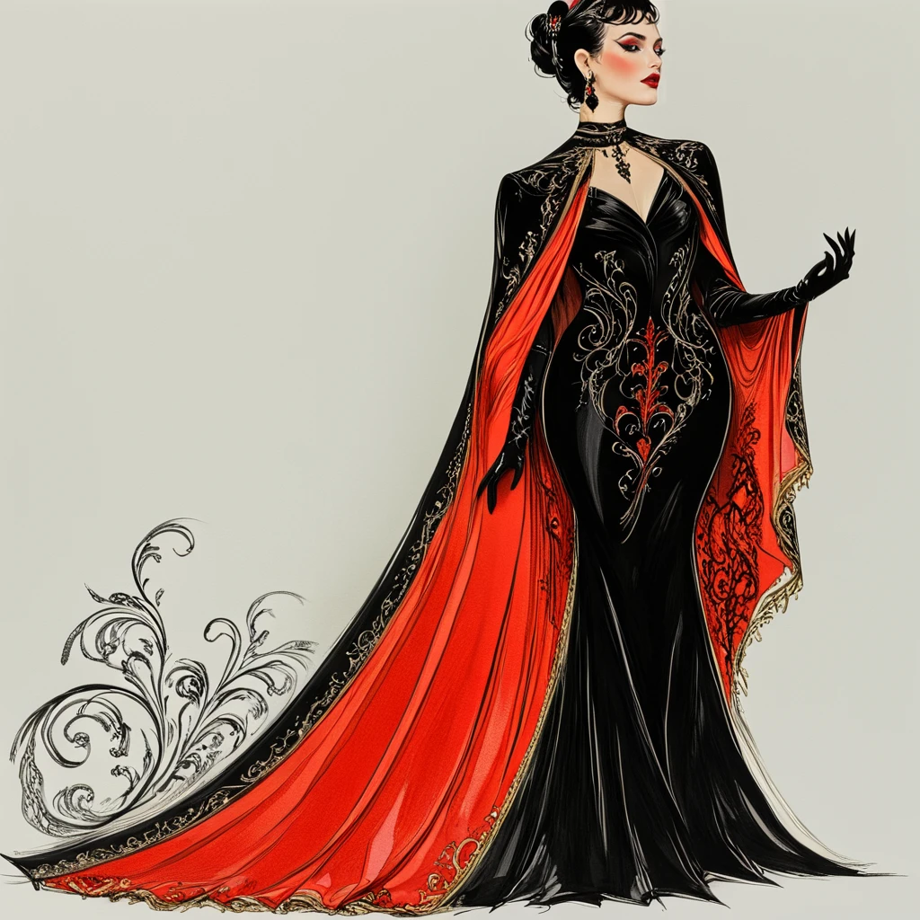 <lora:Art_Nouveau_Fashion_illustrationSDXL:1> Art Nouveau Fashion illustration, The image shows a woman in a black and red dress with a red cape standing against a white background. Her dress is adorned with intricate details such as a long train and a high neckline and her hair is styled in a sleek updo. She is wearing a pair of black heels and her makeup is subtle and natural., 1girl, solo, dress, black dress, jewelry, gloves, black hair, makeup, earrings, lipstick