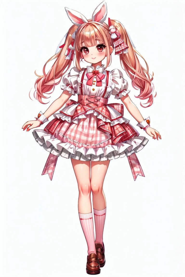 (fullbody, front facing, facing viewer) 1girl, (Licca-chan, doll), doll joints, long hair, two-tone hair, blonde and light brown hair, two side up, twintails, big sparkling black eyes, makeup, long eyelashes, detailed lips, blush, smile, (fashion) light pink and white rabbit print ta_dress, pinafore dress, light pink puffy short sleeves, carrot waist ornament, pastel orange waist ribbon, waist ribbon, frills, ruffles, red plaid attached ribboned skirt, bow skirt, white hip_ribbons, bows, white bows, light pink bows, orange bows, hair ornament, hair ornaments, hair ribbons, white and pink frilled headband, rabbit hair ornament, jewelry, white and red gingham print loose socks, brown loafers