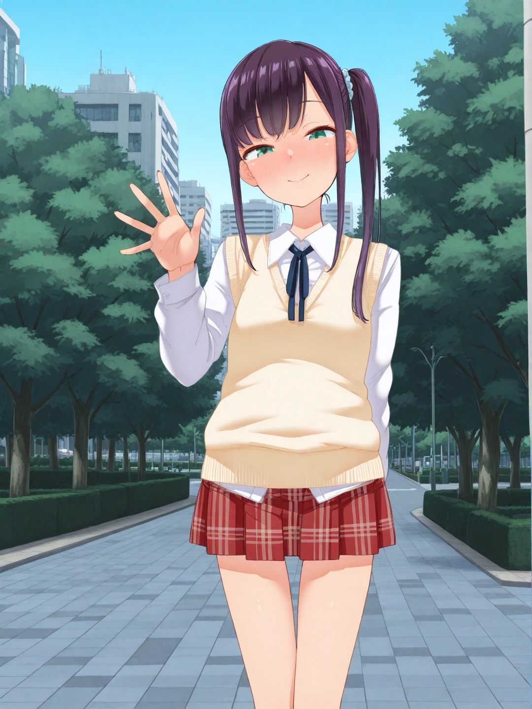 <lora:ST_Tsuttsu_0R:0.8>, tsuttsu, <lora:CC_Detail_Tweaker_1:1>
green eyes, purple hair, long hair, side ponytail, petite, slim, skinny, thin thighs, thin legs, narrow hips
sweater vest, white shirt, neck ribbon, red skirt, plaid skirt, blue legwear
masterpiece, best quality, amazing quality, absurdres, highres, detailed background, anime style, anime coloring
1girl, (detailed eyes:1.2), (detailed face:1.2), detailed skin
looking at viewer, blush, smile, waving, v, standing
(outdoors, tokyo, city, park, school)