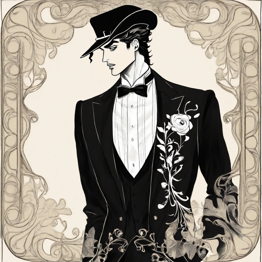 <lora:Art_Nouveau_Fashion_illustrationIllustrious:1> Art Nouveau Fashion illustration, The image shows a man in a tuxedo and hat walking with a floral design on a cream-colored background. He is wearing a black suit with a white shirt and a black bow tie and his hair is styled in a neat tailored manner. His facial features are detailed and his posture is confident and poised., solo, 1boy, male focus, hat, monochrome, formal, suit, kujo jotaro, walking, greyscale