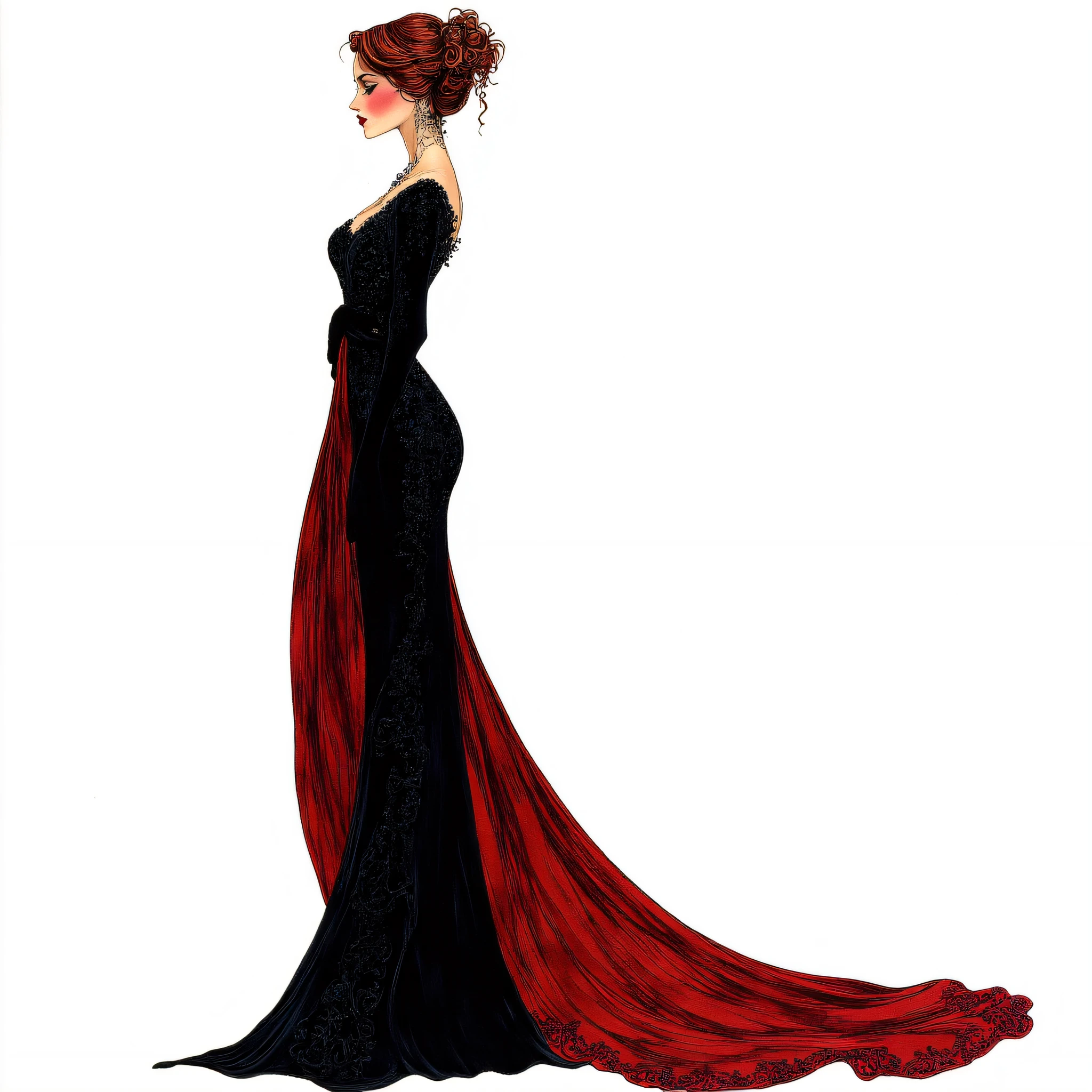 Art Nouveau Fashion illustration, The image shows a woman in a black and red dress with a long train standing against a white background. Her dress is adorned with intricate details such as lace beading and a long skirt that cascades down her back. Her hair is pulled back in a bun and she has a gentle expression on her face., 1girl, solo, dress, white background, full body, black dress, simple background, standing, long hair, profile