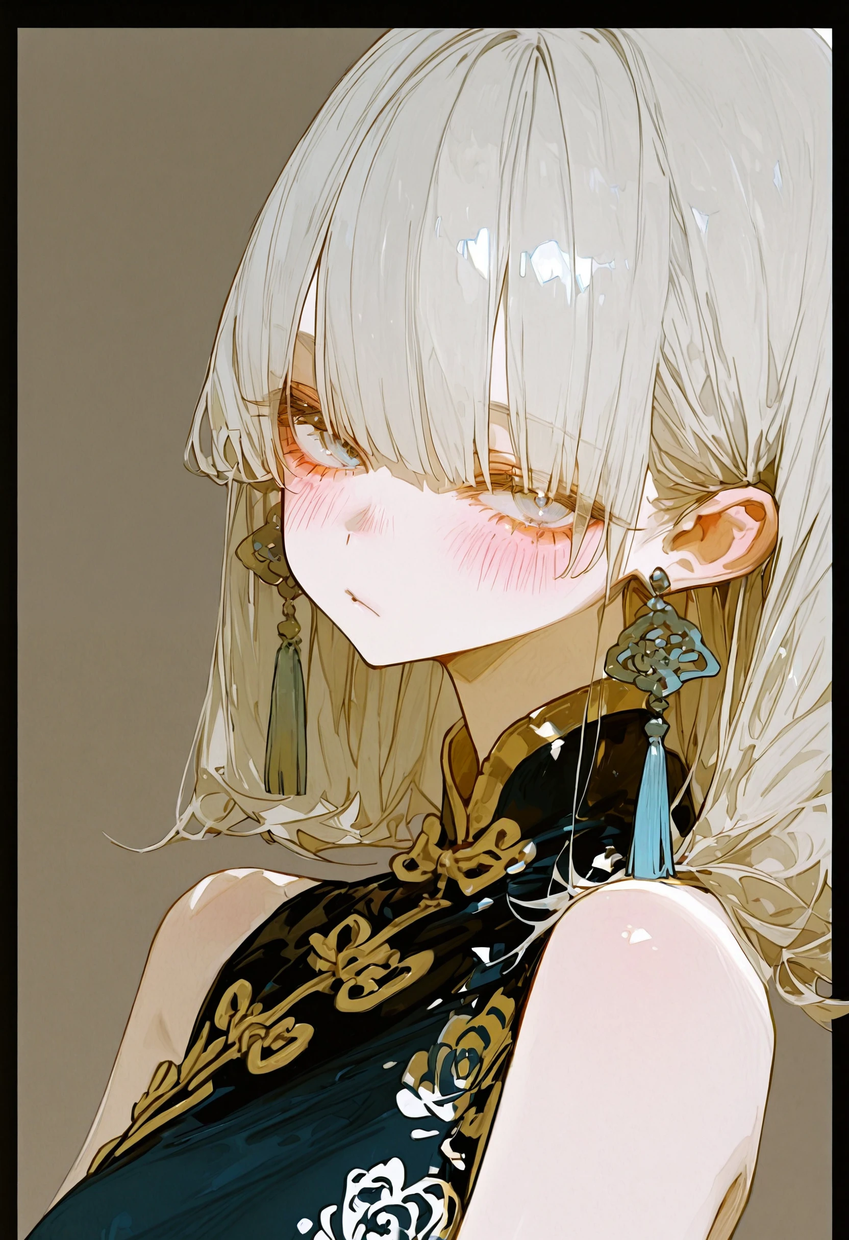<lora:c2FnYXdhX2dhd2E=-illustriousXL_v01_V1-CAME>, c2Fn, 1girl, solo, looking at viewer, jewelry, earrings, chinese clothes, dress, china dress, grey eyes, tassel earrings, tassel,  shoulders, sleeveless, medium hair, simple background, floral print, white hair, grey hair, upper body, grey background, closed mouth, sleeveless dress, blue eyes, expressionless, blush, letterboxed