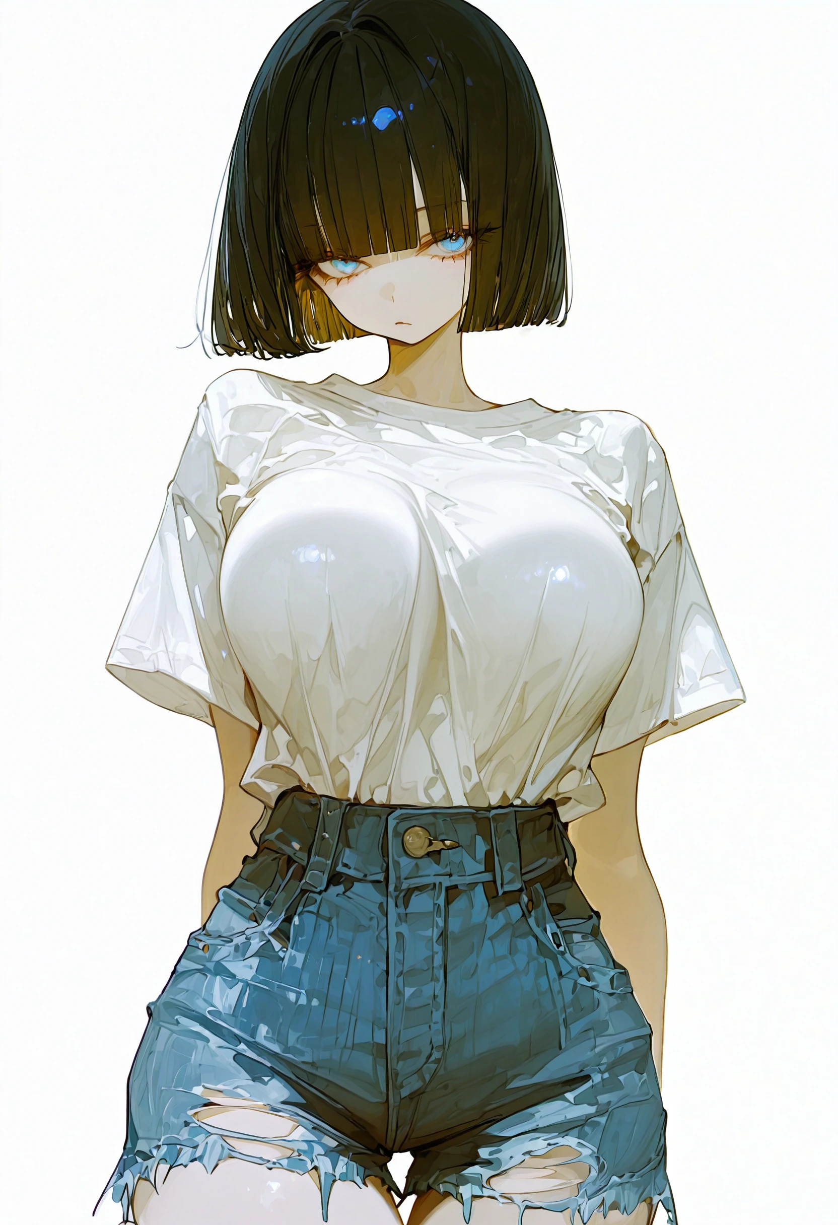 <lora:c2FnYXdhX2dhd2E=-illustriousXL_v01_V1-CAME>, c2Fn, 1girl, solo, shorts, shirt, black hair, white background, denim shorts, denim, white shirt, blue eyes, simple background, short hair, , looking at viewer, torn clothes, bob cut, short sleeves, cowboy shot, cutoffs, torn shorts, shirt tucked in, arms behind back, blunt bangs, blue shorts, short shorts, , closed mouth, thigh gap, t-shirt, tented shirt, standing