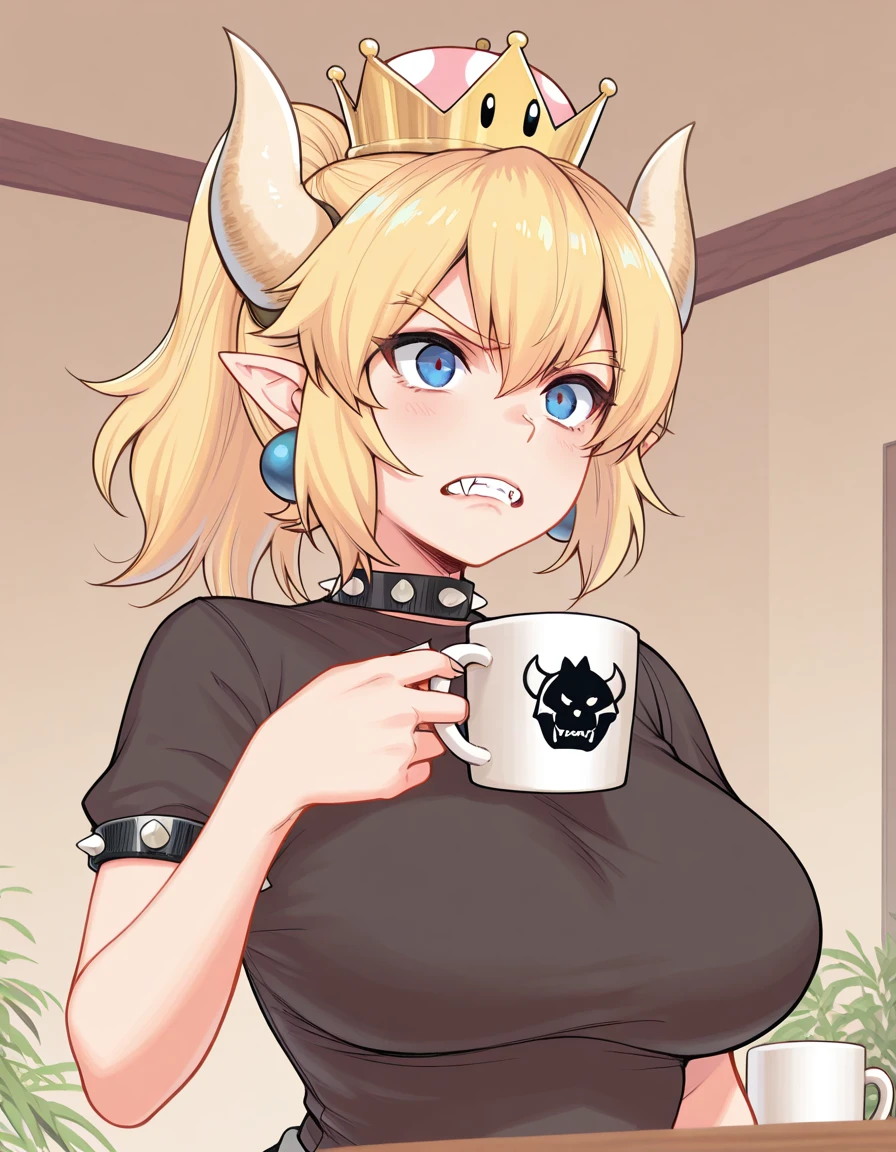 masterpiece, best quality, amazing quality,, <lora:bowsette-illustriousxl-lora-nochekaiser:1>, bowsette, blue eyes, blonde hair, ponytail, medium hair, sidelocks, pointy ears, horns, crown, teeth, fangs, mature female, breasts,, <lora:shinji-holding-a-mug-illustriousxl-lora-nochekaiser:1>, shinji holding a mug, holding, cup, frown, holding cup, mug, indoors, solo,
