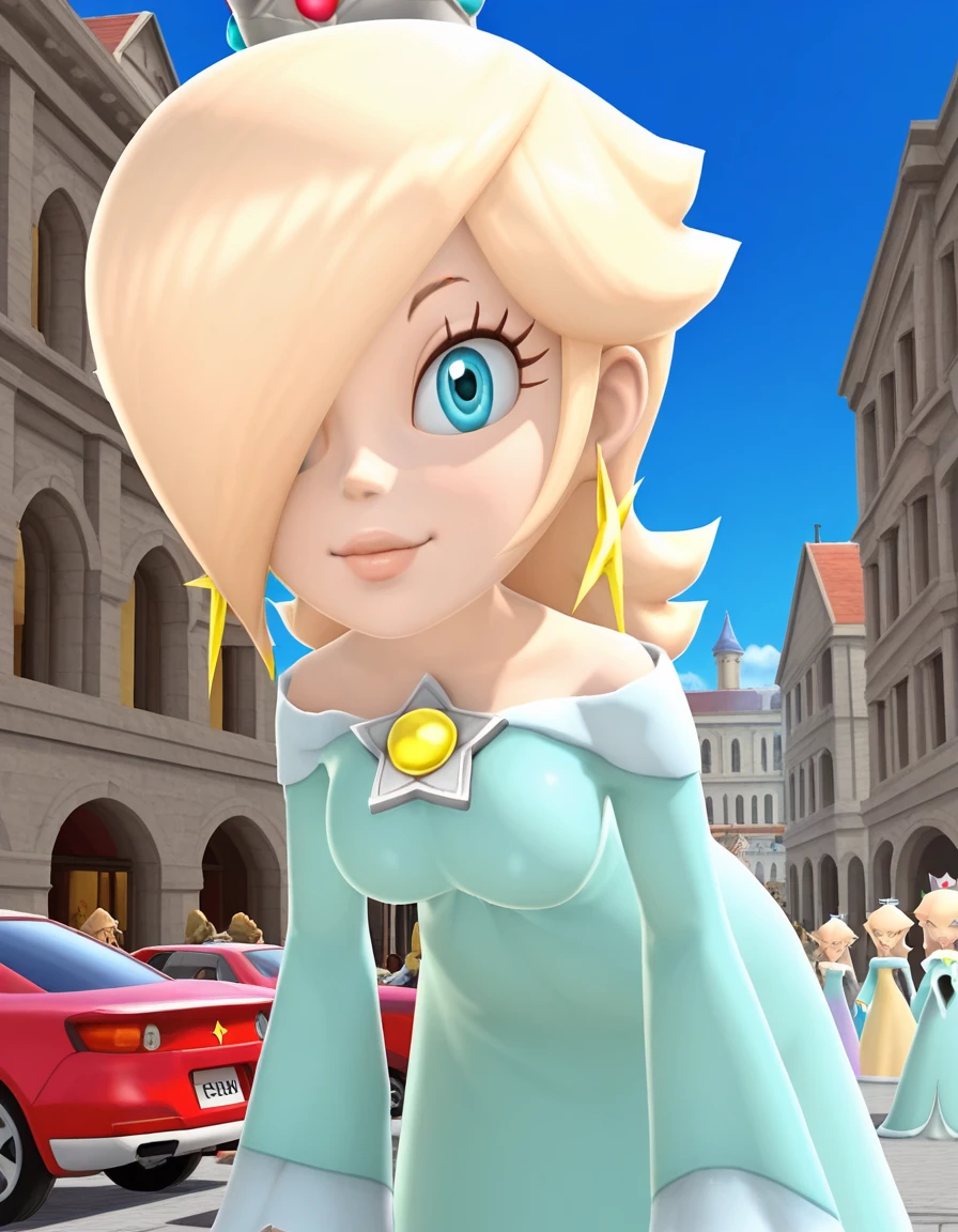 masterpiece, best quality, amazing quality,, <lora:rosalina-super-mario-galaxy-ingame-illustriousxl-lora-nochekaiser:1>, rosalina, blonde hair, blue eyes, hair over one eye, long hair, 3d, mature female, medium breasts, anime screencap,, blue dress, crown, dress, earrings, jewelry, princess, robe, star earrings,, bent over, smug,, street, cars, buildings, city, people, cowboy shot, solo, looking at viewer
