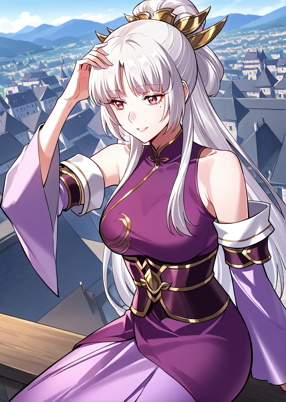 huge , smile, busty, kimono, cleavage, silver hair, blue eyes, long hair, milf, upperbody,