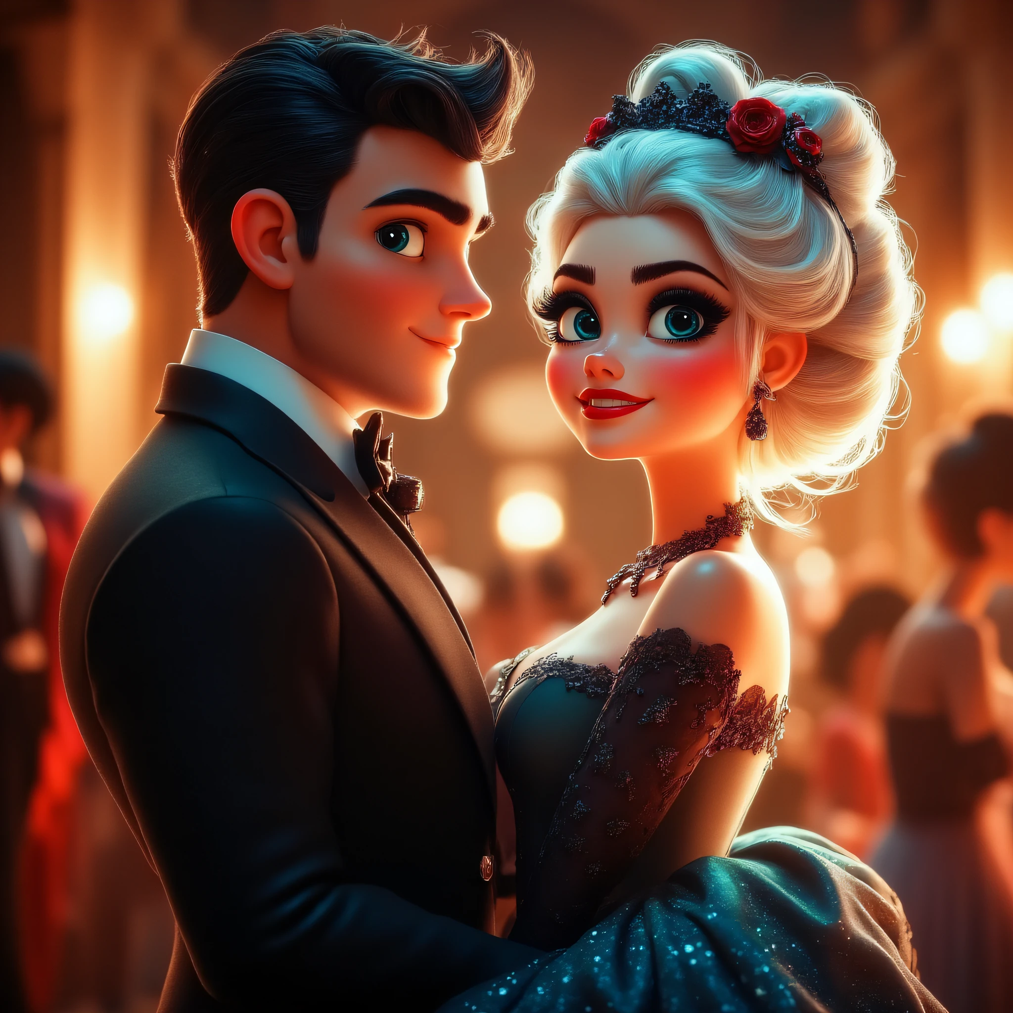 3D Fairytales, The image shows a man and woman in a black and blue dress standing next to each other with a few other people in the background. The man is wearing a black blazer and the woman is wearing an unknown outfit. The background is slightly blurred giving the image an animated feel., dress, dancing, flower, 1girl, makeup, hair flower, jewelry, hair ornament, smile, blurry