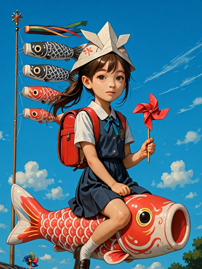 koinobori, riding koi, riding carp, 1girl, child, aged down, school uniform, paper kabuto, randoseru, wind, sky, midair, (holding pinwheel:0.8), <lora:koinobori_ilxl:1>