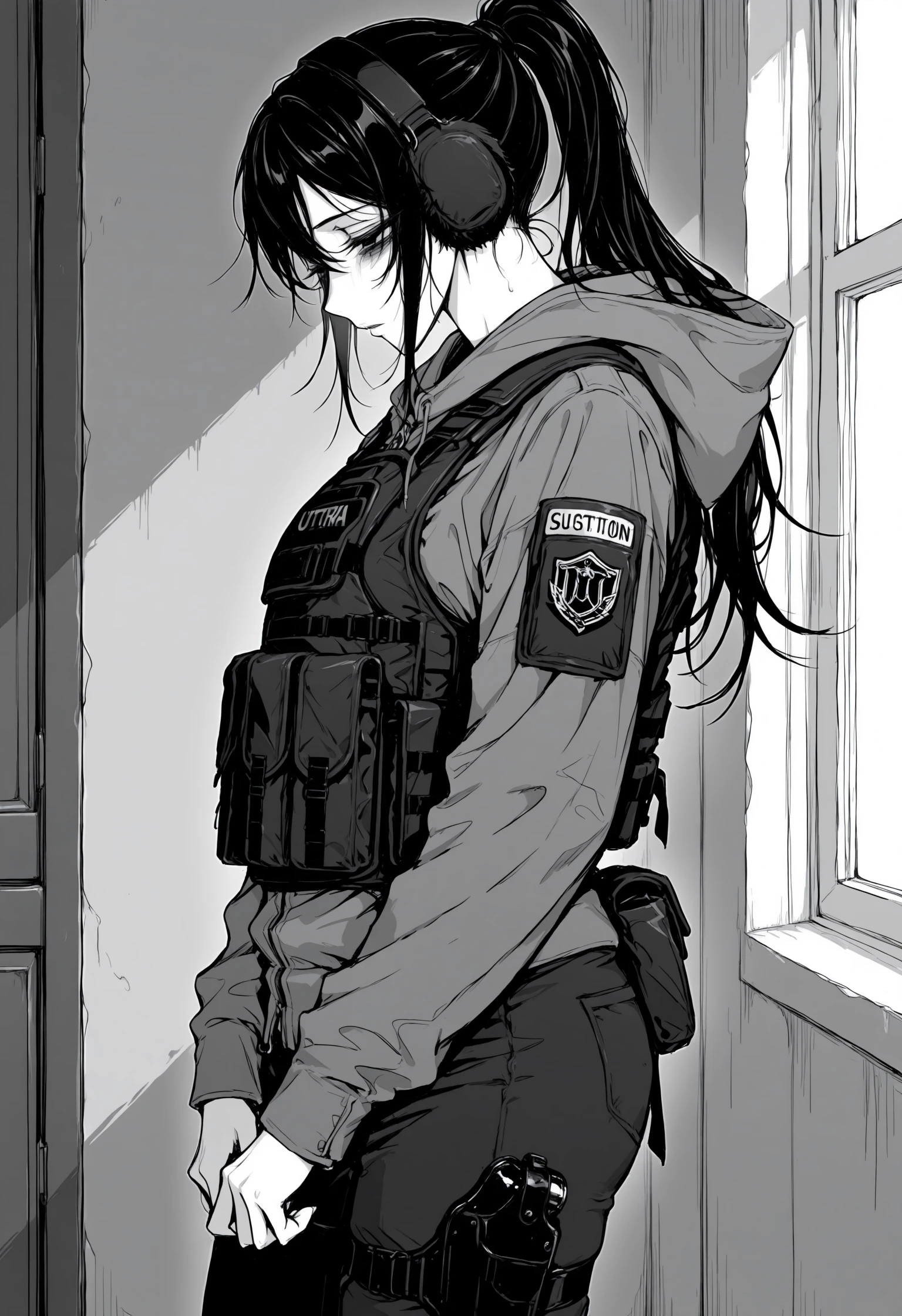 (masterpiece), (best quality), (ultra-detailed), amazing quality, very aesthetic, illustration, newest, monochrome, sketch, upper body, from side,
1girl, solo, long hair, ponytail, high ponytail, black hair, pants, bulletproof vest, earmuffs, jacket, hat, holster, ammunition pouch, hood, hood down, hooded jacket, long sleeves, pouch, blue eyes, half-closed eyes, standing, thigh holster, thigh strap, tired, bags under eyes, window
indoors, <lora:lazypos:1>, <lora:ããã«ika_style:1>,