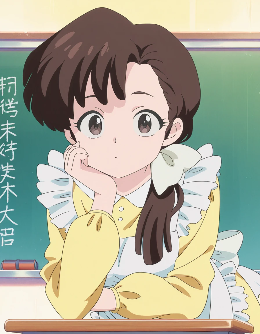 masterpiece, best quality, amazing quality,, <lora:kasumi-tendou-s1-illustriousxl-lora-nochekaiser:1>, kasumi tendou, tendou kasuma, long hair, hair bow, bangs, hair over shoulders, brown hair, brown eyes, white bow, mature female, medium breasts, anime screencap,, long sleeves, dress, yellow dress, apron, frills, frilled apron,, head rest, classroom, desks, chalkboard, students, teacher, cowboy shot, solo, looking at viewer