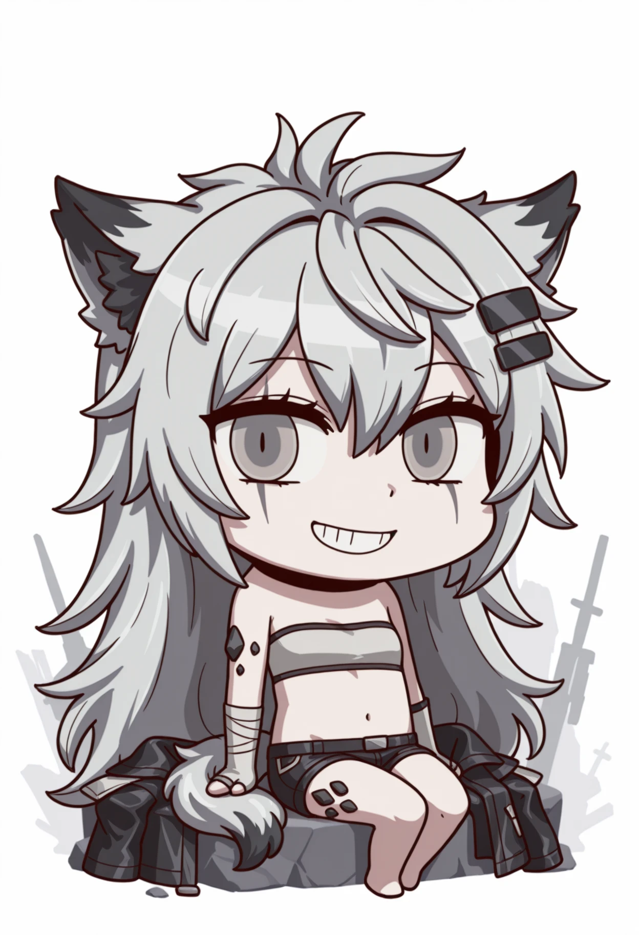 april fools, chibi, full body, (lappland \(arknights\),:1.25) lappland \(arknights\), 1girl, solo, long hair, looking at viewer, smile, simple background, hair ornament, white background, gloves, navel, animal ears, hair between eyes, bare shoulders, very long hair, sitting, jacket, tail, grey hair, shorts, choker, barefoot, hairclip, elbow gloves, midriff, white gloves, stomach, fingerless gloves, grin, grey eyes, strapless, short shorts, feet out of frame, bare legs, black choker, black shorts, bandages, wolf ears, wolf tail, bandaged arm, wolf girl, scar across eye, bandeau, tube top, grey gloves, oripathy lesion \(arknights\), unworn jacket, close-up, ((upper body)), masterpiece, best quality, ultra-detailed, highest quality, official art, absurdres, latest, very awa, very aesthetic, detailed shading, (detailed background, complex background), amazing quality, intricate, hyper-detailed, excellent, latest,