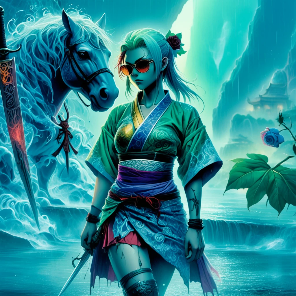 arm tattoo, thigh strap, red skirt, blue kimono, car, mole, chainmail, 1boy, upper body, pool, puffy short sleeves, tiptoes, looking back, open jacket, full body, silhouette, purple rose, lightning, storm, bush, mug, green gemstone, animal ears, shrine, half-closed eyes, toenails, vest, blush, medium breasts, coconut, horse, holding dagger, yellow rose, plate armor, cross, seiza, gem, wet, torn clothes, french braid, green hair, waterfall, single pauldron, collared shirt, sunglasses, bare hips