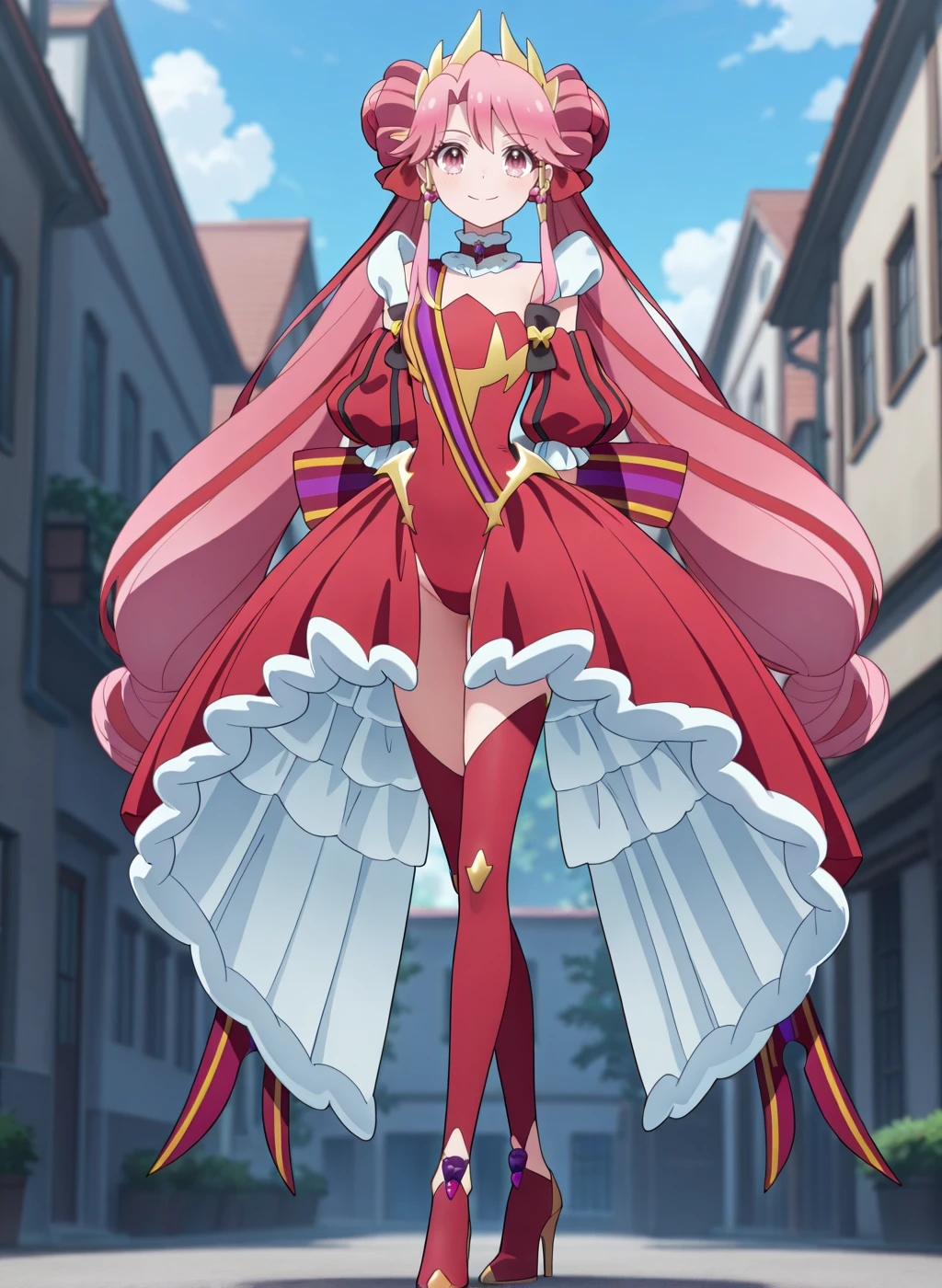 High quality,Ultra detailed,best quality,insanely detailed,beautiful,masterpiece,absurdres,very aesthetic,general BREAK
<lora:shirube_kagari_V1_NOOB:1>,(princess zeal, magical girl, pink hair, very long hair, double bun, twintails, hair ornament, pink eyes, red leotard, red sleeves, detached sleeves, jewelry, puffy sleeves, hair ribbon, bow,back bow,earrings,high heel boots,red skirt,red thigh boots,showgirl skirt,thigh boots),
1girl,solo,posing,
smile,standing,arms behind back,outdoors,looking at viewer,