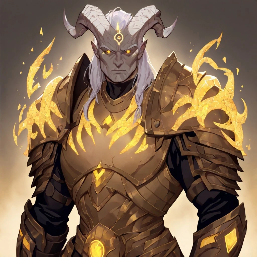 masterpiece, best quality, newest, absurdres, highres, FCOMV1.0, 1boy, DRA-V1.0-LF, lightforged draenei, draenei, glowing eyes, yellow eyes, glowing tattos, tattos, armor, DRA-V1.0-M, draenei-male, draenei,