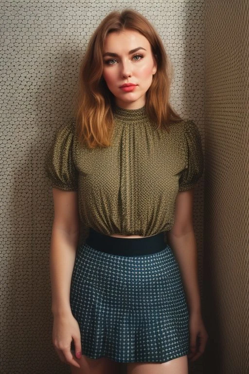1 girl, penny from Stardew valley, short red hair, green eyes, petite body, 20 years old, yellow knit shirt, brown skirt