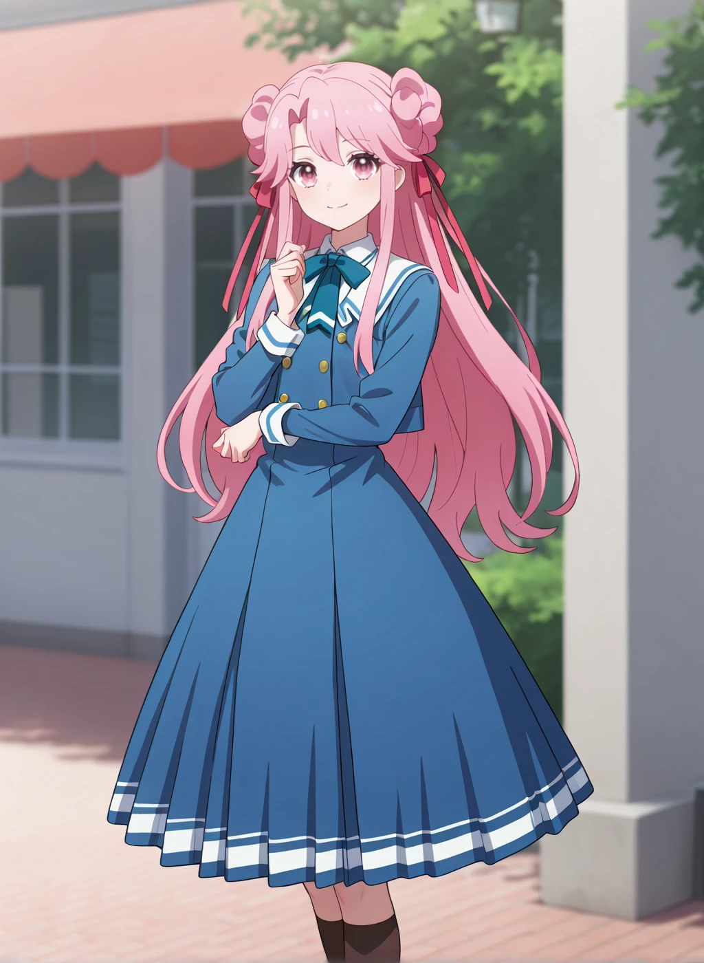 High quality,Ultra detailed,best quality,insanely detailed,beautiful,masterpiece,absurdres,very aesthetic,general BREAK
<lora:shirube_kagari_V1_NOOB:1>,(shirube kagari,pink hair, very long hair, hair bun,hair ribbon,pink eyes,school uniform,dress,kneehighs,jacket,long skirt),
1girl,solo,posing,
smile,standing,outdoors,looking at viewer,