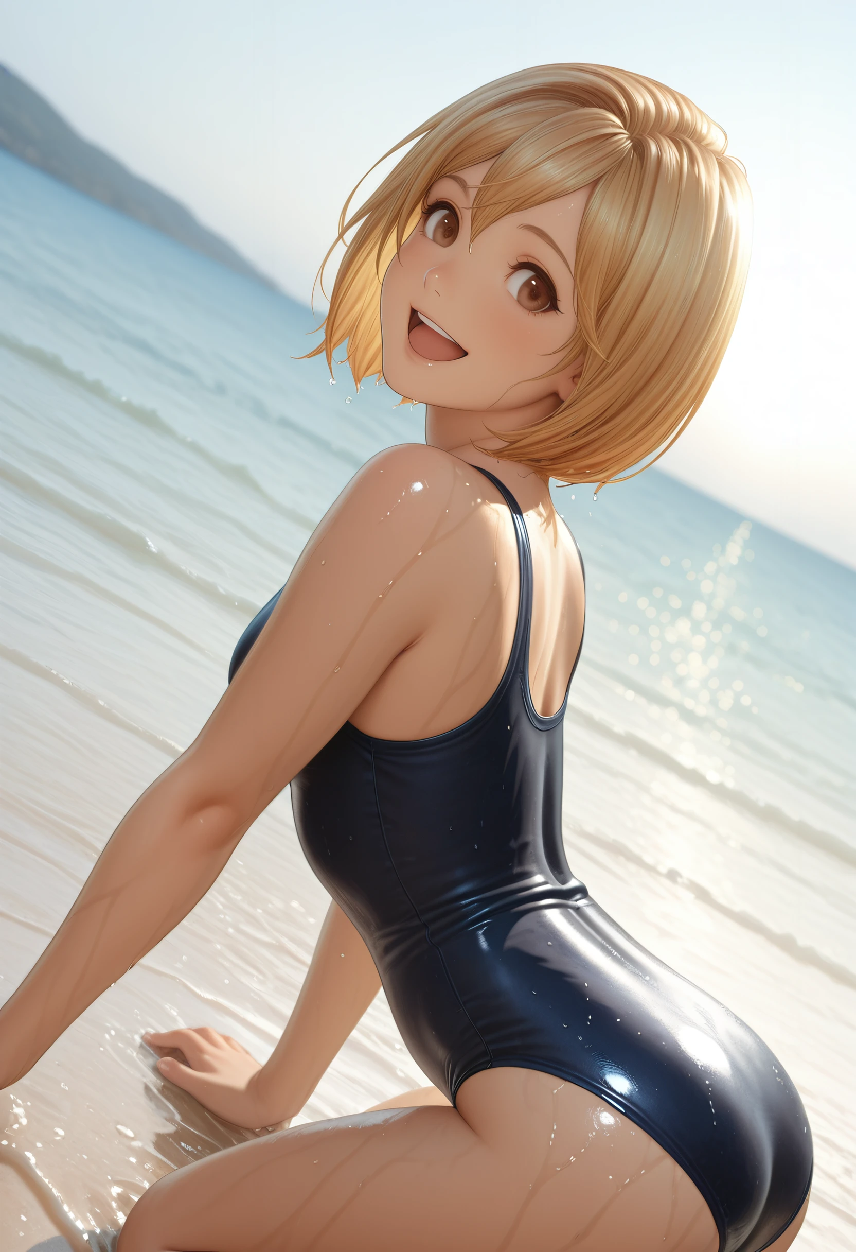 One girl,, Crotch cutout, No crotch, No pants, Pussy,alone ,, Large Breasts, blush, White one piece swimsuit, School Swimsuit,open crotch no show panties、Crotchless、Norcrotch、topless