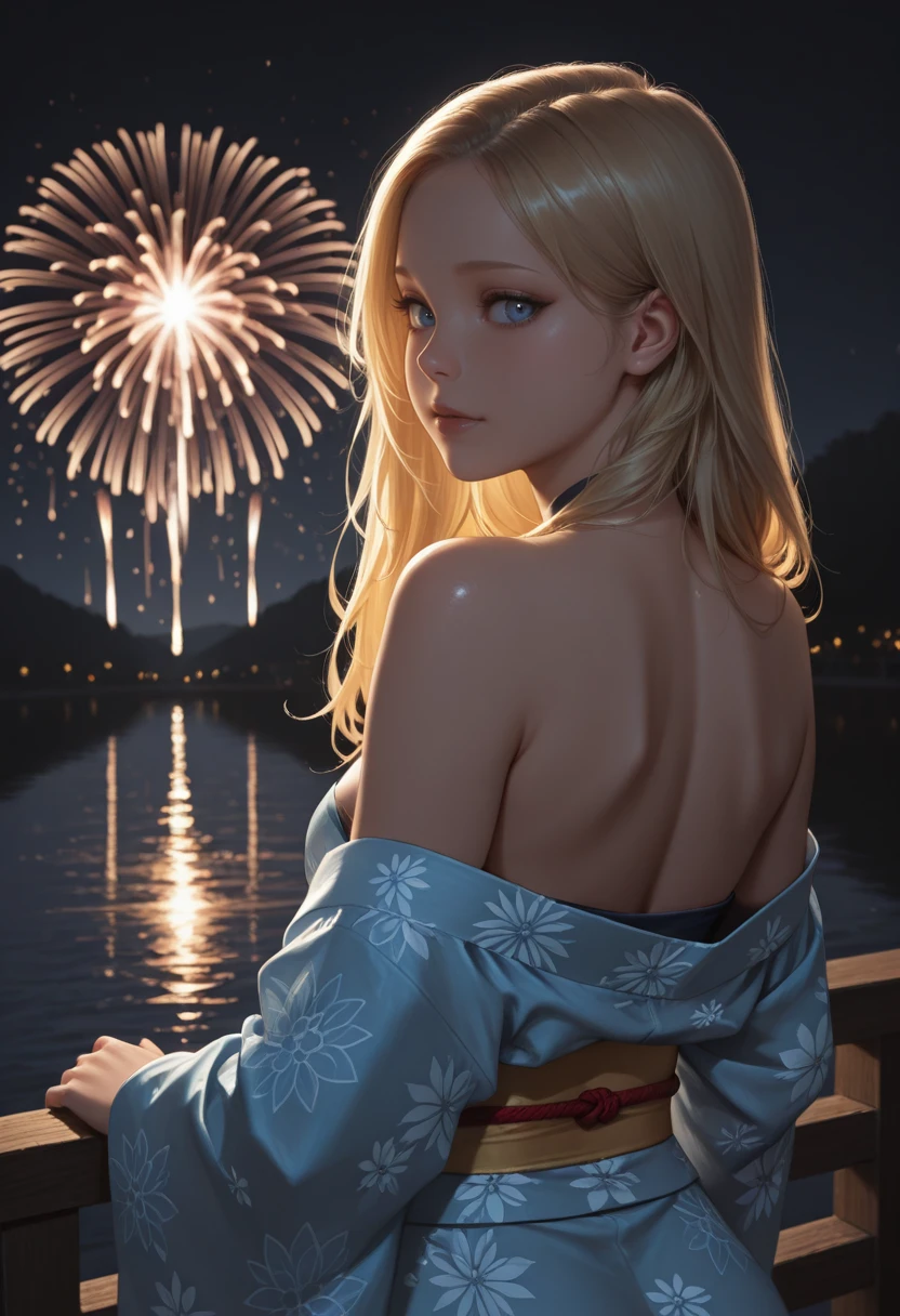 The upper part of the body、one girls、I have silver hair、Bun hair、Extremely large breasts、Gorgeous lace embroidered bra、Gorgeous lace embroidered T-back、cleavage of the breast、Japan anime-style odd-eye,in poolside、nighttime scene、Beautiful fireworks in the night sky、