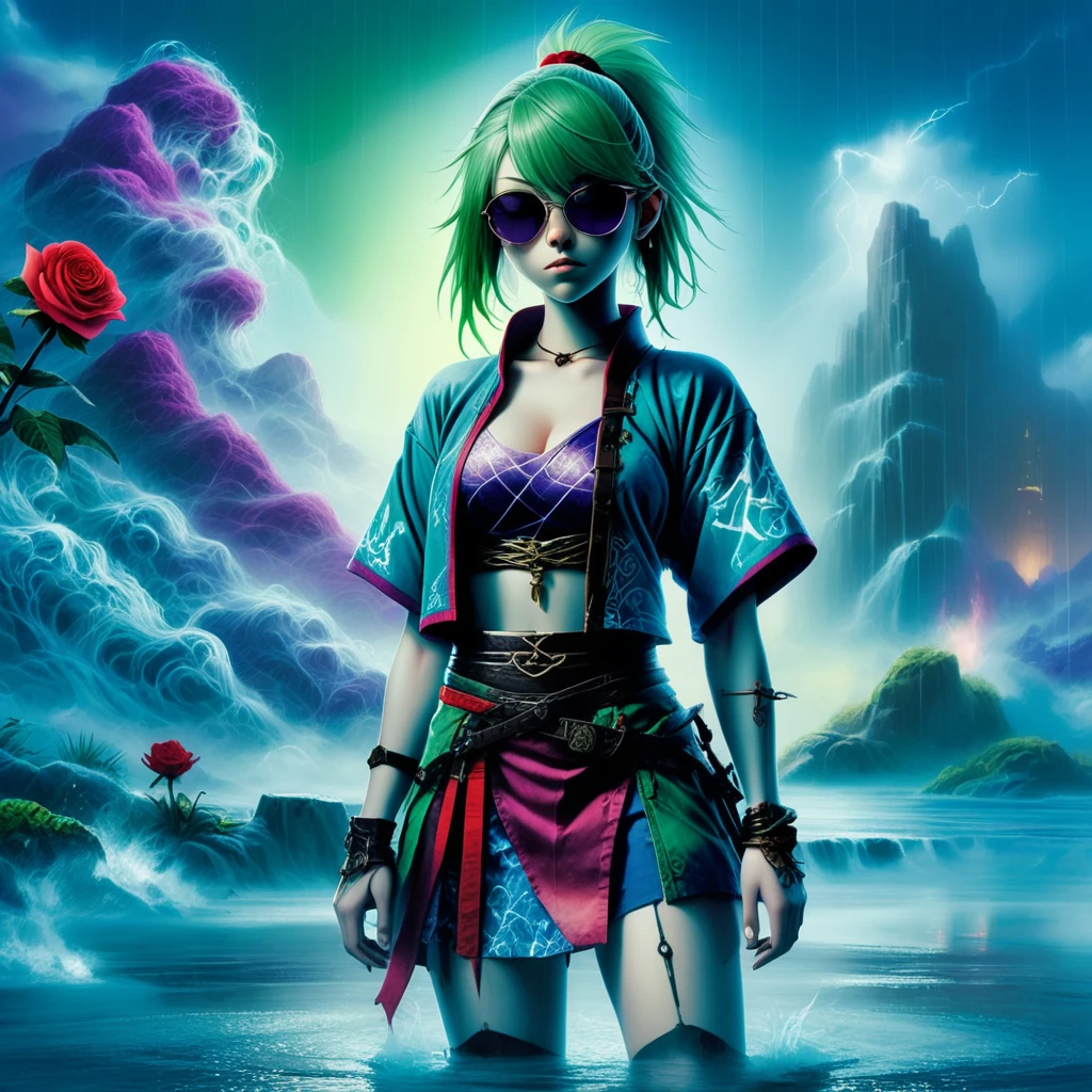 arm tattoo, thigh strap, red skirt, blue kimono, car, mole, chainmail, 1boy, upper body, pool, puffy short sleeves, tiptoes, looking back, open jacket, full body, silhouette, purple rose, lightning, storm, bush, mug, green gemstone, animal ears, shrine, half-closed eyes, toenails, vest, blush, medium breasts, coconut, horse, holding dagger, yellow rose, plate armor, cross, seiza, gem, wet, torn clothes, french braid, green hair, waterfall, single pauldron, collared shirt, sunglasses, bare hips