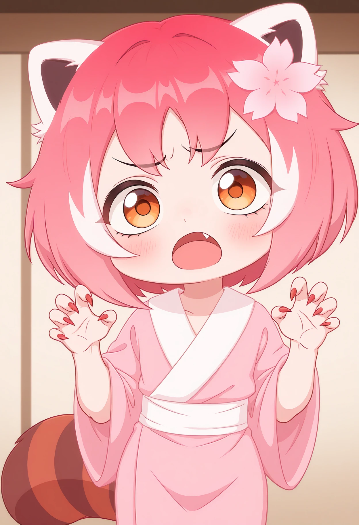 masterpiece, best quality, amazing quality, very aesthetic, high resolution, very awa, solo
Pnd-S@kura-vkstickrs, girl, pink-red panda tail, short pink hair, traditional light pink kimono, white belt, orange eyes, red claws, cherry blossom flower in hair, chibi, general, cowboy shot, standing, long fingernails,claw pose, open mouth
<lora:Pnd-S@kura-vkstickrs_il:0.9>