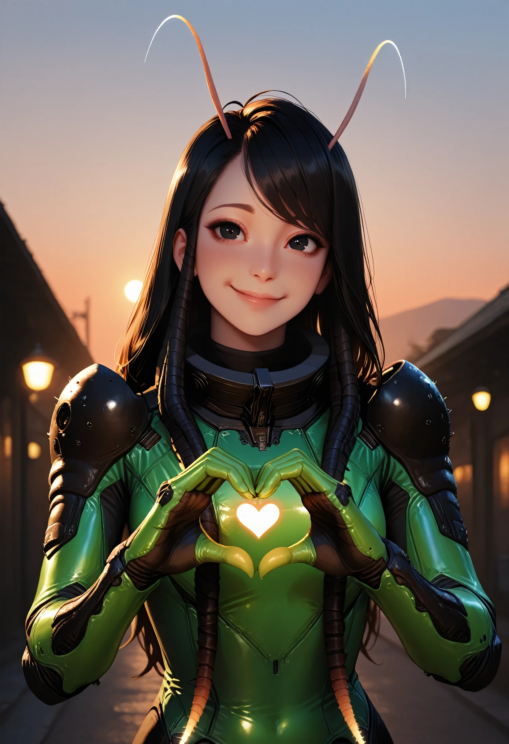 masterpiece, best quality, absurdres, highres, extremely high detail,
<lora:ILGOTGMantis:1.0>
GOTGMantis, 1girl, solo, alien, black hair, long hair, black eyes, antenna, golden hour glow, natural shadows, realstic background, depth of fields,cinematic lighting,outdoor,sunny sky, dynamic motion, heart hands, head flirtily tilted to the side, harmonious facial expression,smile,happy