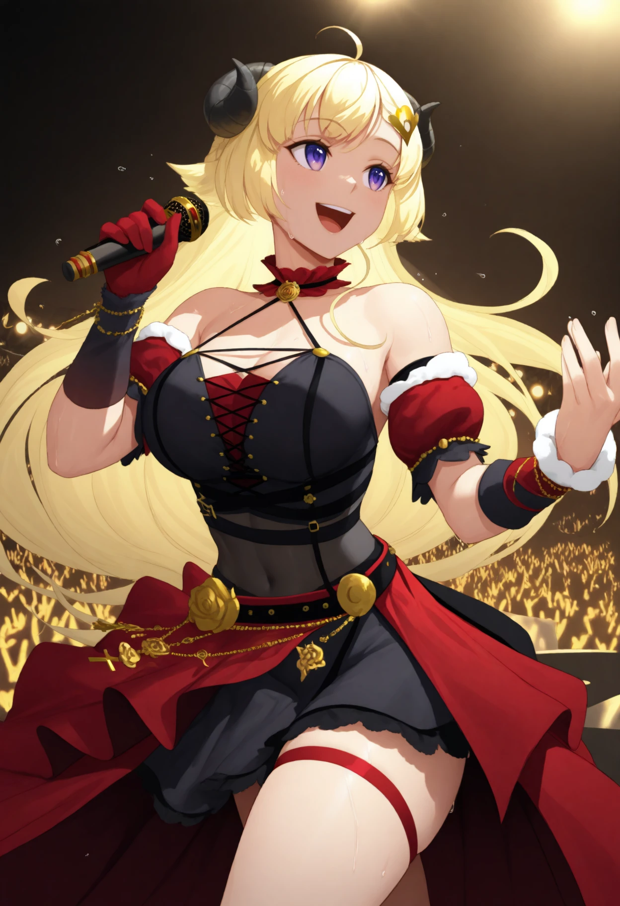 masterpiece, best quality, 1girl, solo, W4tameIdl, horns, blonde hair, purple eyes, long hair, ahoge, gold hair ornament, black dress, halterneck, cross-laced top, red undershirt, puffy short sleeves, detached sleeves, bare shoulders, covered navel, red overskirt, red gloves, single glove, red thigh strap, stage lights, on stage, audience, smile, sweat, open mouth, holding microphone, dancing, performing, happy, <lora:ChamTsunomakiWatameNoob:1>