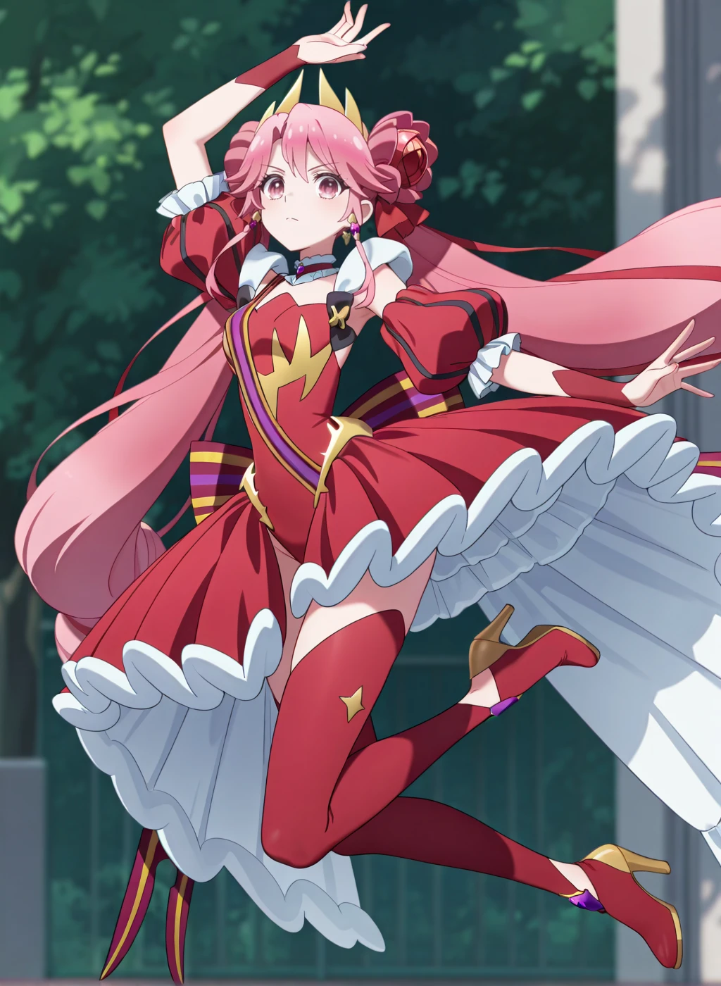 High quality,Ultra detailed,best quality,insanely detailed,beautiful,masterpiece,absurdres,very aesthetic,general BREAK
<lora:shirube_kagari_V1_NOOB:1>,(princess zeal, magical girl, pink hair, very long hair, double bun, twintails, hair ornament, pink eyes, red leotard, red sleeves, detached sleeves, jewelry, puffy sleeves, hair ribbon, bow,back bow,earrings,high heel boots,red skirt,red thigh boots,showgirl skirt,thigh boots),
1girl,solo,posing,
serious,jumping,arm above head,outdoors,looking at viewer