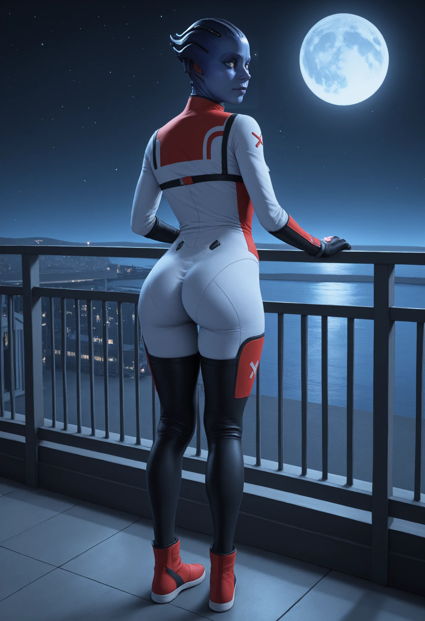 masterpiece, best quality, amazing quality, very aesthetic, absurdres, newest,
<lora:ILMEALexi:1.0>
MEALexi, 1girl, blue skin, blue eyes, alien, looking at viewer, looking at viewer, from behind, night sky, railing, full body, looking back, moon
