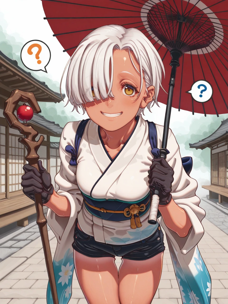 score_9, score_7_up, best quality, ultra-detailed, highres , 2d, 1girl,
kimono, hair over one eye, white hair, black gloves, umbrella, ?,cover, tan, thigh gap, staff, bangs, short shorts, grin,
<lora:Aya_Shachou:1>,aya shachou,
