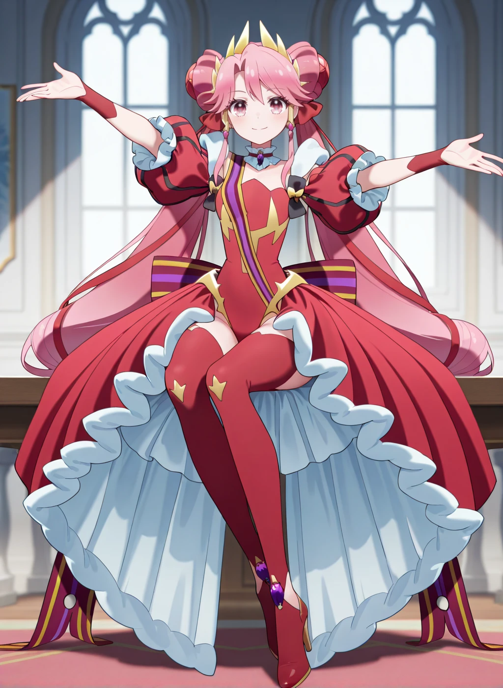 High quality,Ultra detailed,best quality,insanely detailed,beautiful,masterpiece,absurdres,very aesthetic,general BREAK
<lora:shirube_kagari_V1_NOOB:1>,(princess zeal, magical girl, pink hair, very long hair, double bun, twintails, hair ornament, pink eyes, red leotard, red sleeves, detached sleeves, jewelry, puffy sleeves, hair ribbon, bow,back bow,earrings,high heel boots,red skirt,red thigh boots,showgirl skirt,thigh boots),
1girl,solo,posing,
smile,sitting,outstretched arms,indoors,looking at viewer