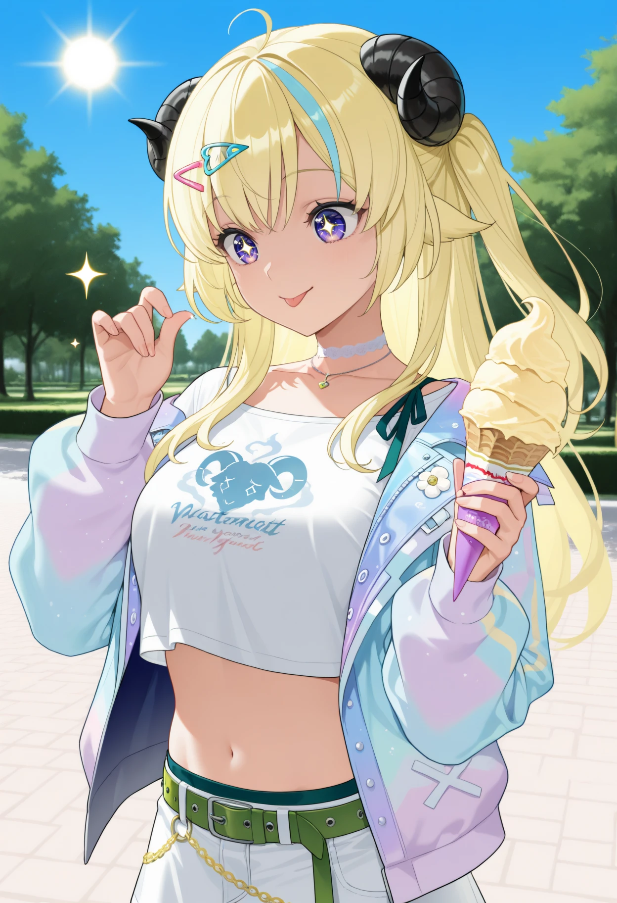 masterpiece, best quality, 1girl, solo, W4tameEght, horns, blonde hair, purple eyes, long hair, one side up, streaked hair, blue hairclip, white choker, necklace, white shirt, print shirt, short sleeves, midriff, green belt, white miniskirt, gradient jacket, multicolored jacket, open jacket, long sleeves, outdoors, park, summer, blue sky, sun, holding ice cream cone, tongue out, smile, happy, sparkle, sparkling eyes, looking at ice cream, <lora:ChamTsunomakiWatameNoob:1>