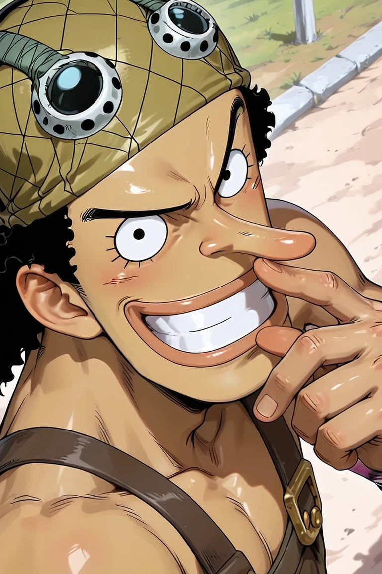 usopp-1male with long nose focus, black_usopp_hair, black eyes, expressive cute face, looking at viewer, manly, shiny skin, finger on own nose, touching own face, grin, portrait, alternate costume, blurry outdoors, from side, from above, dynamic angle, dynamic action, masterpiece, best quality, amazing quality, very aesthetic, absurdres, newest, very awa, anime screencap