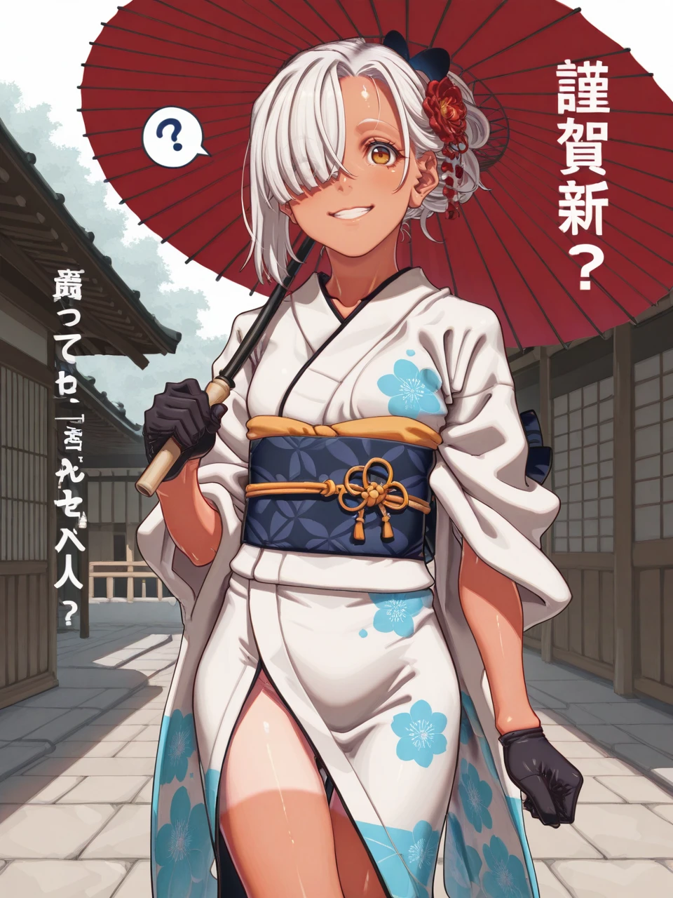 score_9, score_7_up, best quality, ultra-detailed, highres , 2d, 1girl,
kimono, hair over one eye, white hair, black gloves, umbrella, ?,cover, tan, thigh gap, bangs,grin,
<lora:Aya_Shachou:1>,aya shachou,