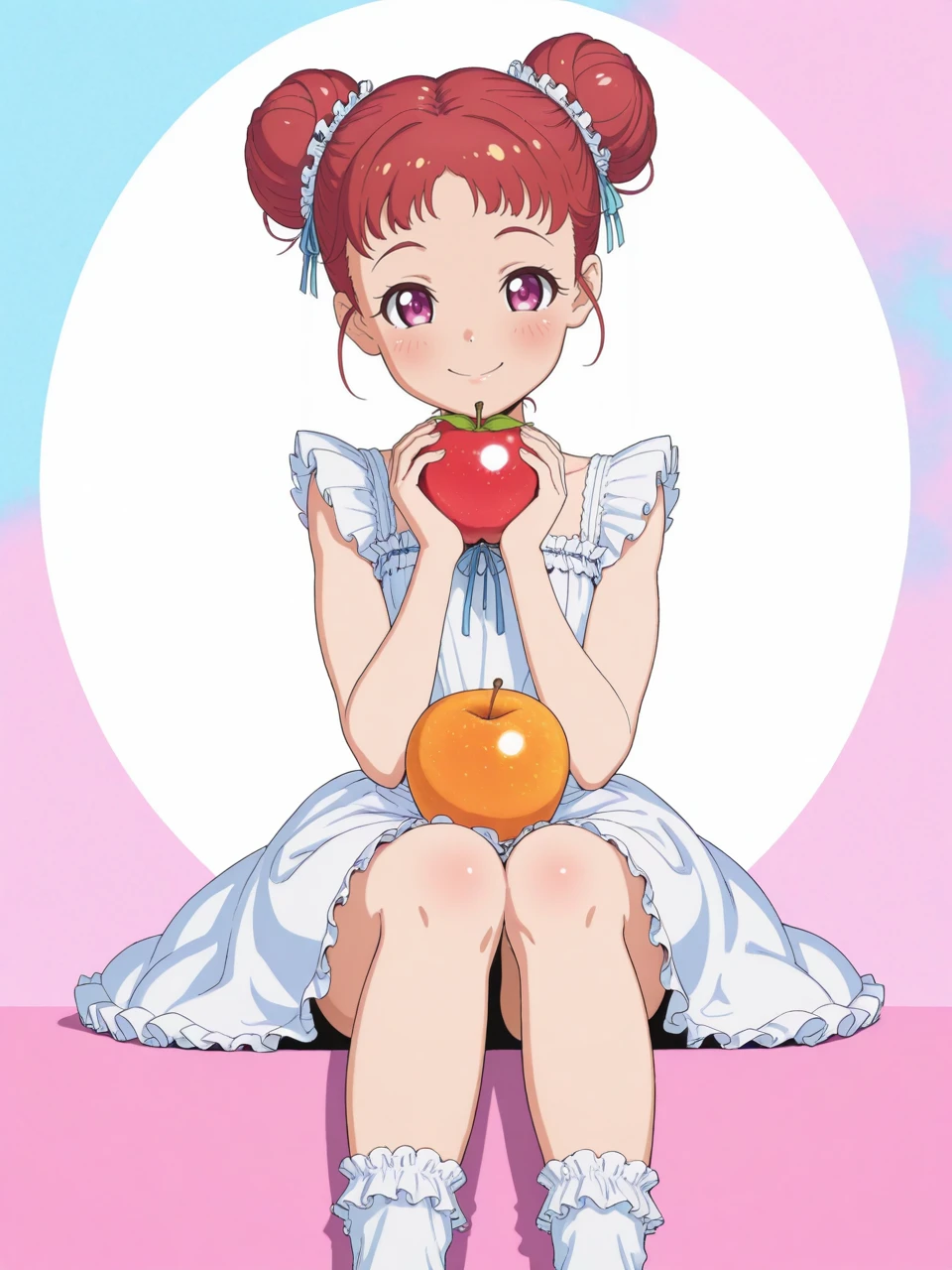 score_9, score_7_up, best quality, ultra-detailed, highres , 2d, lineart, colorful,
hair bun, bangs, white dress, red hair, fruit, female focus, sfw, fully clothed, smile,
colorful background, sitting, frilly socks, closeup, petite,
<lora:Typehatena:1>,typehatena,