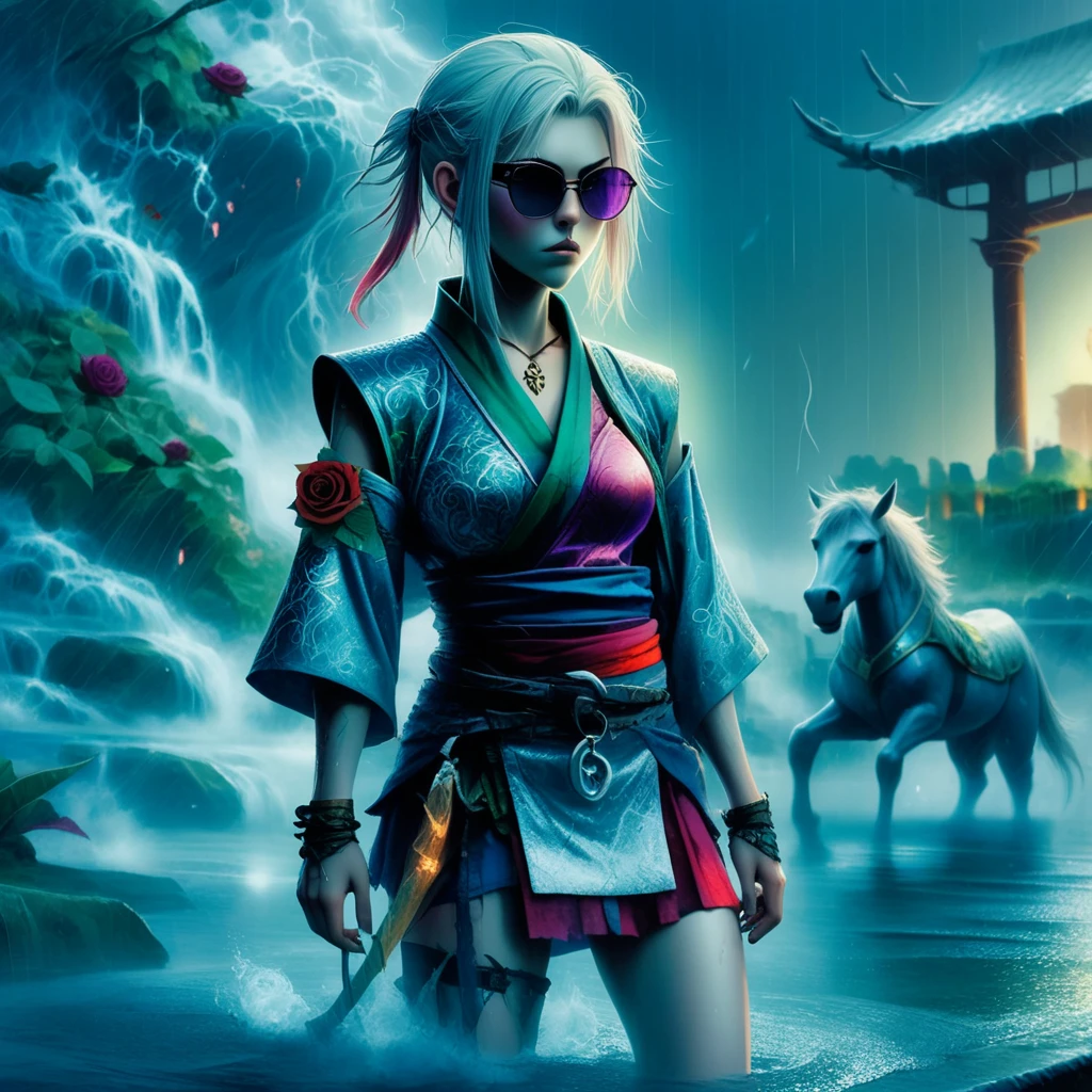 arm tattoo, thigh strap, red skirt, blue kimono, car, mole, chainmail, 1boy, upper body, pool, puffy short sleeves, tiptoes, looking back, open jacket, full body, silhouette, purple rose, lightning, storm, bush, mug, green gemstone, animal ears, shrine, half-closed eyes, toenails, vest, blush, medium breasts, coconut, horse, holding dagger, yellow rose, plate armor, cross, seiza, gem, wet, torn clothes, french braid, green hair, waterfall, single pauldron, collared shirt, sunglasses, bare hips