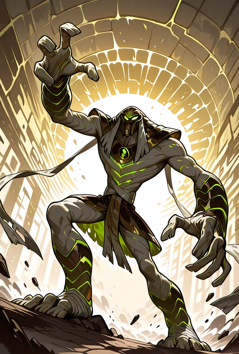 <lora:snareoh-07:1> snareoh, solo, male focus, no humans, 1boy, glowing eyes, green eyes, brown helmet, monster, mask, egyptian clothes,mummy bandages, mummy, massive hands, Cartoon, dynamic pose,, masterpiece, best quality, amazing quality, very aesthetic, absurdres, newest,