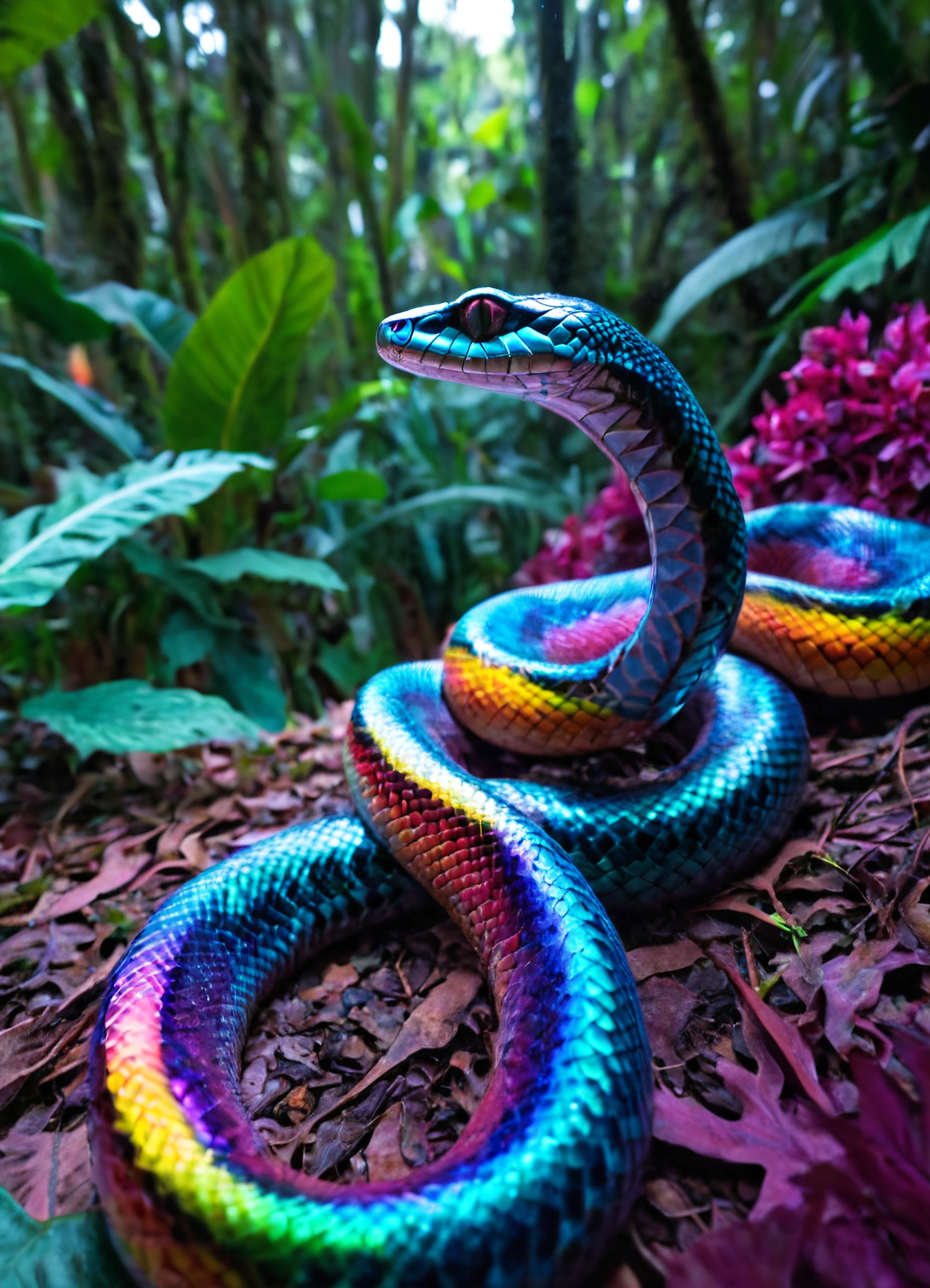 photo, realistic, shot on canon, 85mm, depth of field, bokeh, reptile, national geographic cinematic photo of a (kaleidoglass prismatic:1.3) snake in a forest, skin made of kaleidoglass, kaleidoglass flowers in the background, lush tropical jungle rainforest, prismatic glass skin, iridescent animal, <lora:kaleidoglass_v2_epoch_10:1.4000000000000004>