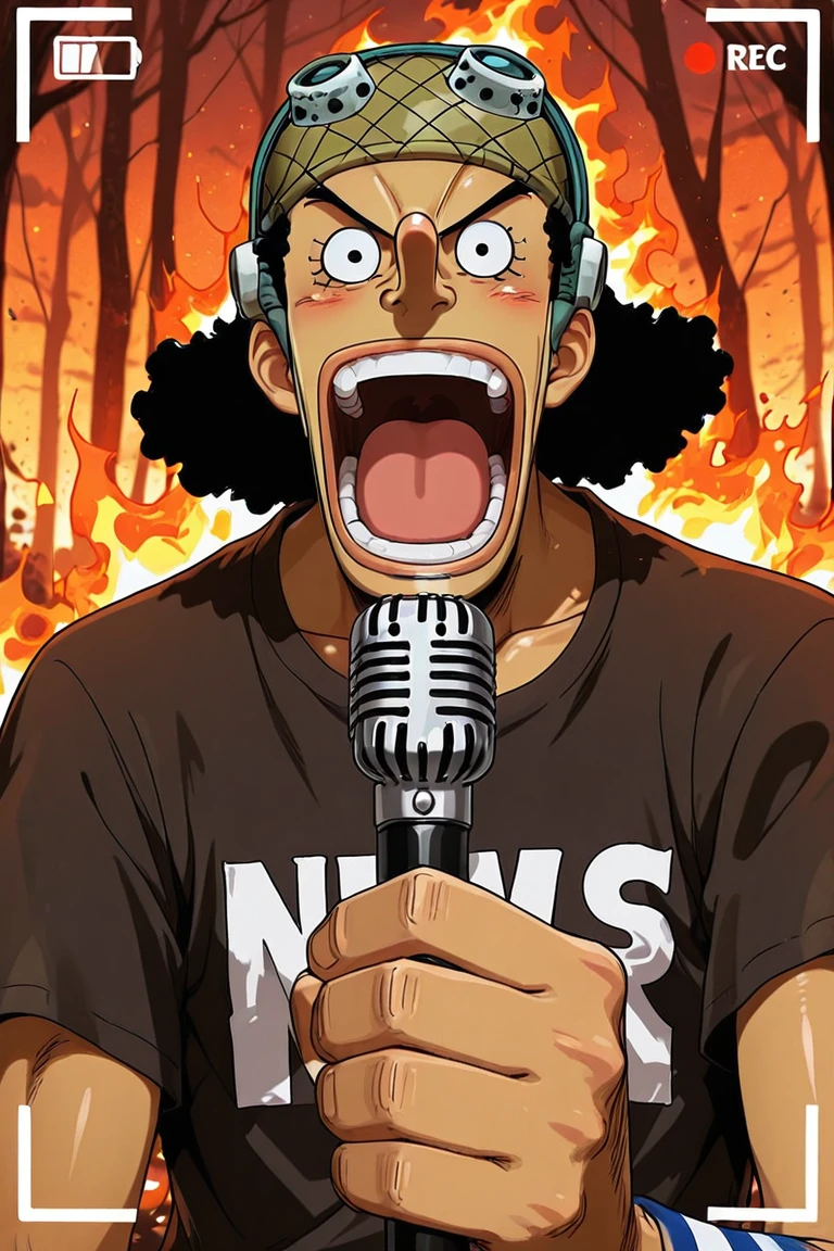 viewfinder, live, broadcast, usopp-1male with long nose focus, black_usopp_hair, black eyes, expressive serious face, looking at viewer, open mouth, manly, shiny skin, holding microphone, news reporter clothes, shirt, alternate costume, blurry outdoors afternoon, sunset, fire, burning background, burning forest, masterpiece, best quality, amazing quality, very aesthetic, absurdres, newest, very awa, anime screencap