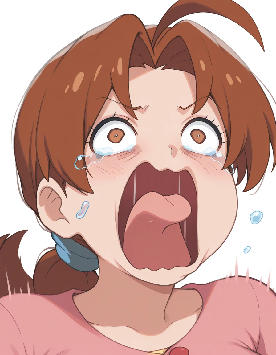 masterpiece, best quality, amazing quality,, <lora:delia-ketchum-illustriousxl-lora-nochekaiser:1>, delia ketchum, brown hair, brown eyes, parted bangs, ahoge, ponytail, low ponytail, mature female, medium breasts, <lora:crying-aqua-illustriousxl-lora-nochekaiser:1> crying aqua, crying aqua (meme), screaming, crying, crying with eyes open, tears, tongue, open mouth,,