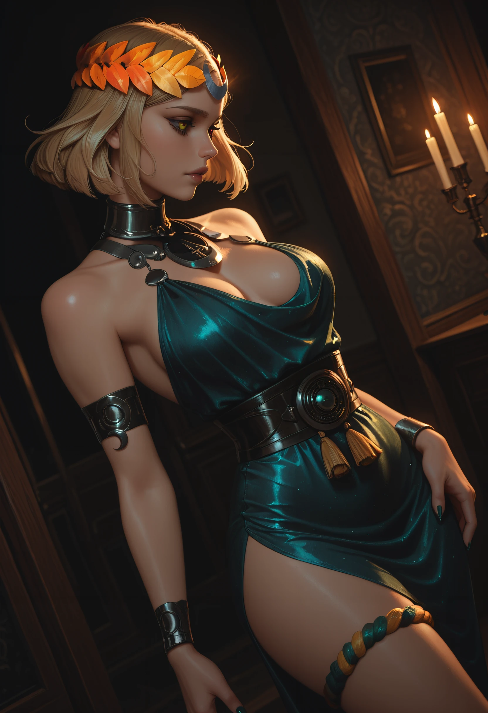 8k, best quality, real picture, intricate details, ultra-detailed, ultra highres, depth field,(photorealistic,realistic:1.2),masterpiece, <lora:add_detail:0.75>,
0.4 :: (full-body shot:1.35) , angled shot from the side , from below ,
(1girl, cassandra alexandra, <lora:Cassandra_Alexandra:0.325>, (an extremely beautiful 21-year-old Caucasian girl), (blonde hair:1.2), hair bangs, (green eyes), big breasts, slender, shiny skin, flawless skin, fair skin, light blush, solo), looking at viewer, (short hair, hair band :1.3) ,
nipples show through the clothes, sweat, seduction, nsfw,
lowlegp, sports wear , lowleg skirt , <lora:lowlegp:0.55> :1.2,
(0.15 :: Posing as if painting a picture :1.3),
at dark night ,
chairman office