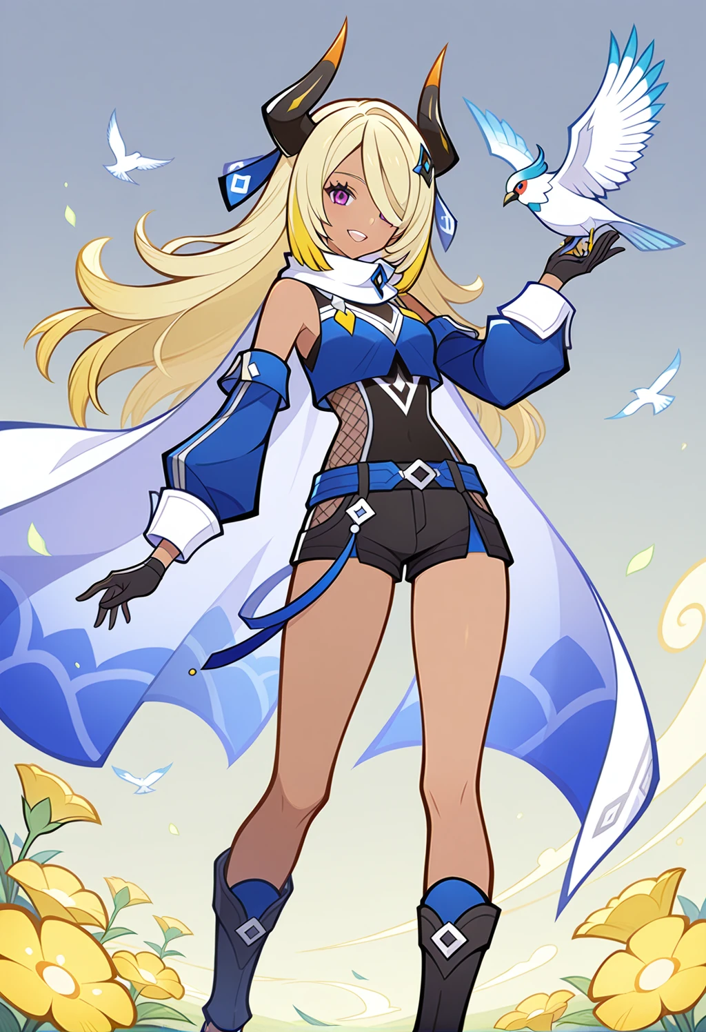 <lora:GITCG-08:1> gi-tcg, 1girl, bird, blonde hair, blue jacket, cape, closed mouth, cropped shirt, dark skin, day, detached sleeves, dress, fish, fishnets, flower, gloves, grey background, hair ornament, hair over one eye, holding, horns, long hair, long sleeves, looking at viewer, ninja, open mouth, pokemon \(creature\), purple eyes, red eyes, ribbon, short shorts, shorts, sleeve cuffs, smile, standing, streaked hair, teeth, toeless footwear, two-sided fabric, white bird, white cape