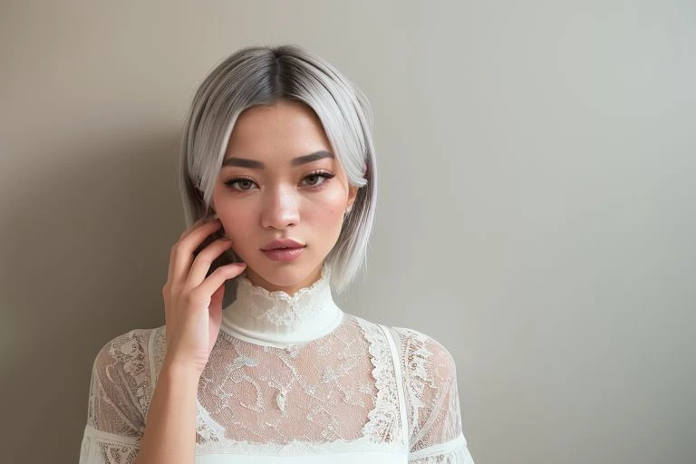 (RAW photo, best quality, masterpiece: 1.2), (photorealistic: 1.4), best lighting, 20 years old, (light gray hair, short bob cut, hair in 7 thirds, hair over one ear, :1.3), (Symmetrical eyes, solo, medium breast, Detailed Skin, like a model:1.2), looking at viewer, (light gray hair, cowboyshot, ((looking up, blue sky, blurred background, field of light pink roses and buds)), standing, ((Tight white lace high neck long sleeved dress)):1.25)
