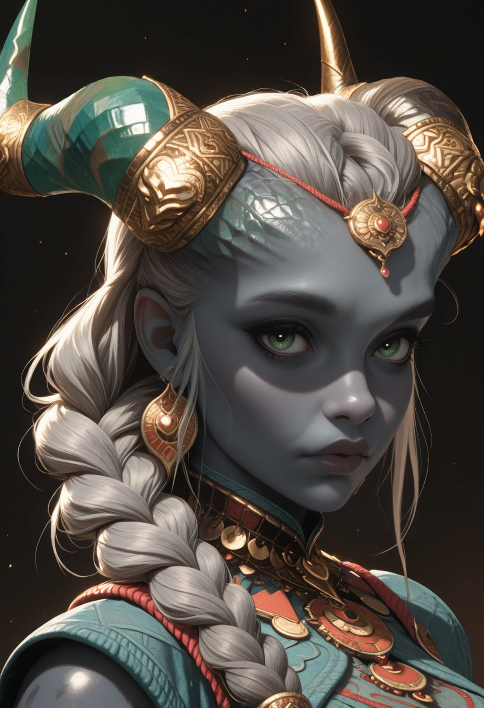 masterpiece, best quality, absurdres, highres,
<lora:ILDVTaash:1.0>
DVTaash, 1girl, gray skin, long hair, gray hair, braid, green eyes, make up, horns, horn ornaments, jewelery, looking at viewer, portrait