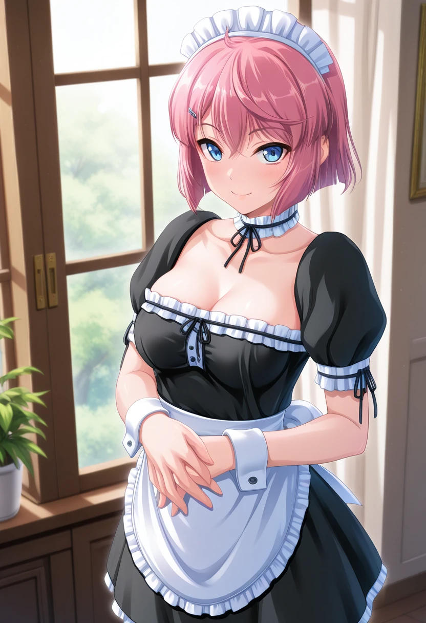super high image, super detail, super high resolution, best quality, (full body image), ((anime)), (((masterpiece))), , (((single girl))), (16years old),(pretty face), (perfect body), (hourglass body shape), (high quality hands), ((glossy pink hair)), (beautiful eyes), ((massive breasts:1.1)), (showing cleavage), (sexy), (((maid outfit))), sexy expression, (((erotic pose))), (thin waist:1.1), (wide hips:1.2), (thick ass:1.0), ((short skirt))