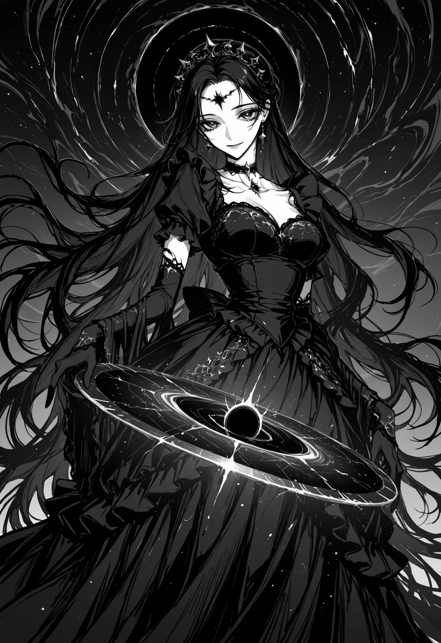 (masterpiece), (best quality), (ultra-detailed), amazing quality, very aesthetic, illustration, newest, looking at viewer, portrait, monochrome, sketch,
1girl, solo, (celestial maid), black hole theme, ethereal, elegant, mysterious, graceful, otherworldly presence, long flowing black hair, galaxy-themed hair, event horizon patterns, cosmic glow, gravitational warping effects, glittering blue eyes, gravitational lensing effect, starlit gaze, soft yet intense stare, light_smile, ornate maid dress, embroidery, spaghettified stars, frilled apron with event horizon glow, layered skirt resembling an accretion disk, space-warping fabric, cosmic lace, subtle Hawking radiation glow, head bowed, trimmed gloves, gravitational rune embroidery, cosmic dust trailing from sleeves, celestial choker, miniature black hole pendant, headpiece with orbiting celestial rings, floating particles drawn to her gravity, ambient space warping, gravitational distortions, soft gravitational lensing effects, dark mist tendrils, <lora:lazypos:1>, <lora:ããã«ika_style:1>,