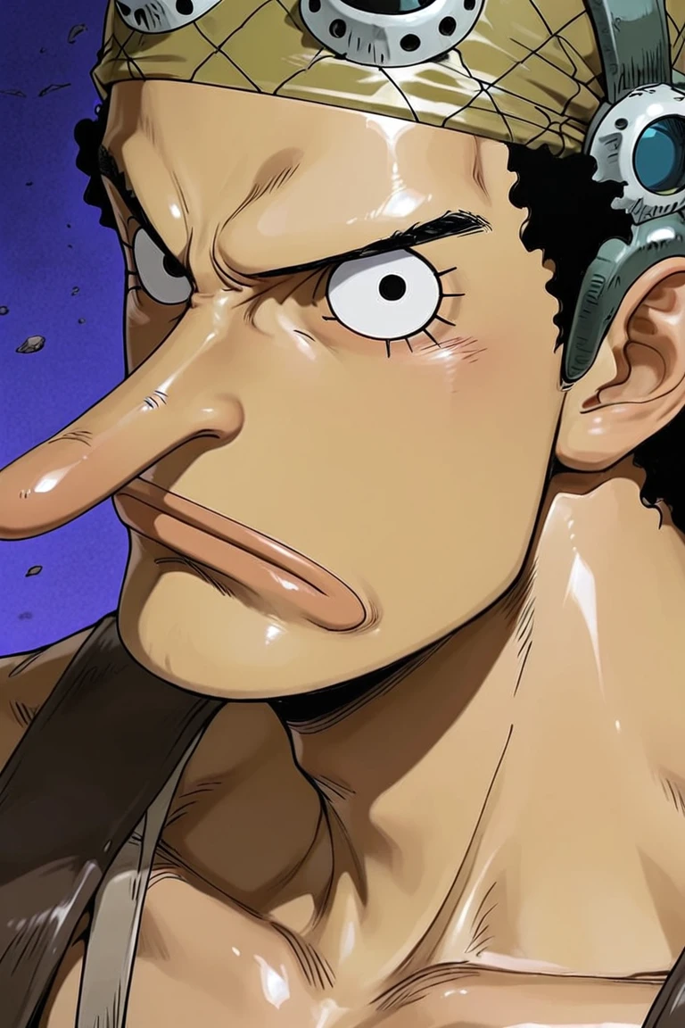 usopp-1male with long nose focus, black_usopp_hair, black eyes, expressionless, looking at viewer, manly, shiny skin, portrait, alternate costume, from side, dynamic angle, dynamic action, masterpiece, best quality, amazing quality, very aesthetic, absurdres, newest, very awa, anime screencap