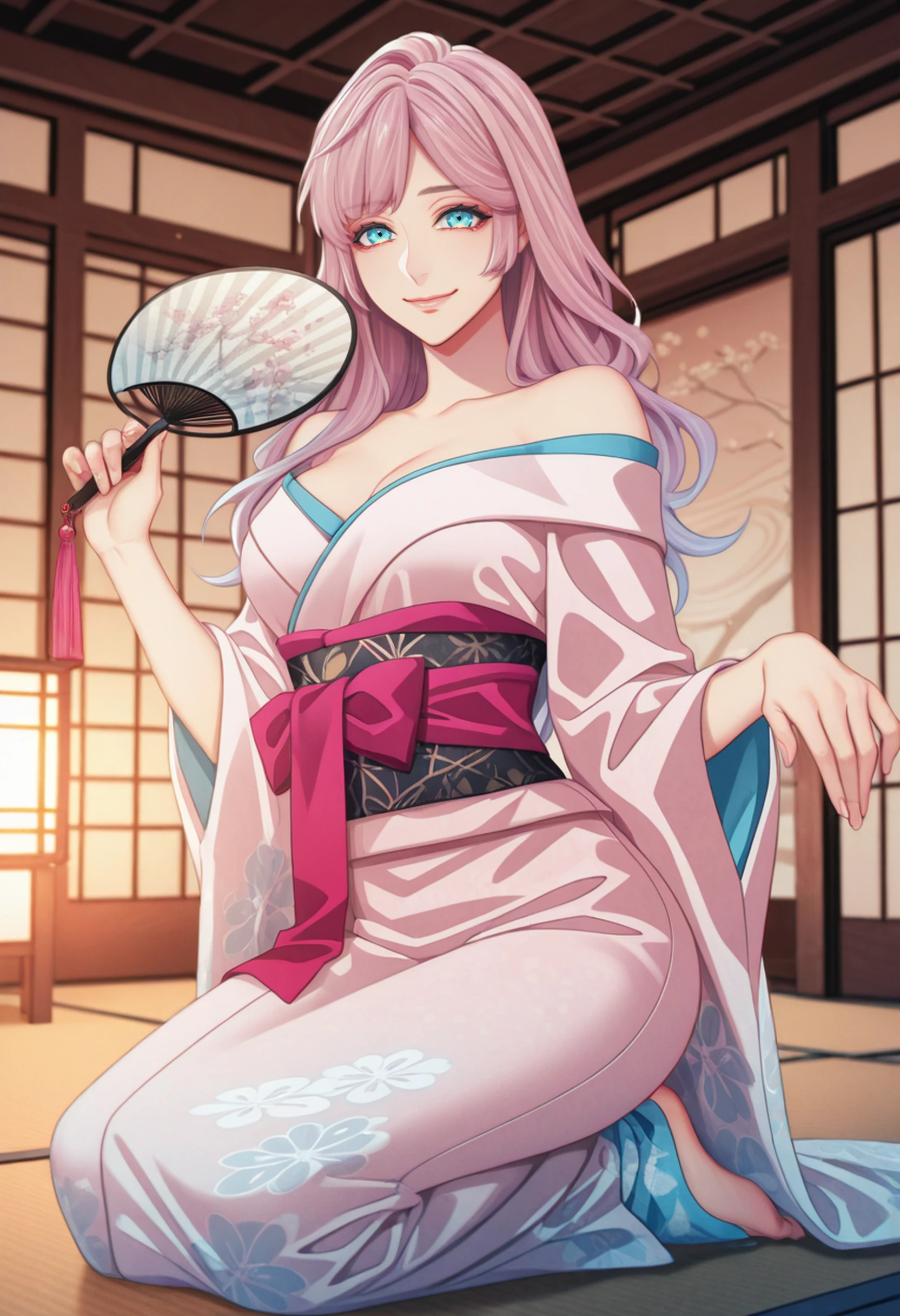 A mesmerizing surreal illustration of a young japanese woman resembling Mei Mei. She has white hair, purple eyes, and wears a vibrant pastel colored outfit adorned with intricate floral patterns. She has a smooth, warm complexion, and bold, colorful tattoos cover her arms and legs. The tattoos feature traditional Japanese motifs like flowers and mythical creatures, rendered with meticulous detail in a pastel color palette. The background is a vintage floral-patterned wallpaper that complements the artwork's colors. The line work is precise, with delicate shading that gives the illustration a 3D quality. The artwork fuses modern illustration techniques with traditional Japanese aesthetics, resulting in a visually striking, portrait, mei mei, long hair, very long hair, braid, hair over one eye, braided ponytail, one eye covered, (braided bangs), purple eyes ,big breasts, slender, arms behind back, white panties, cleavage,