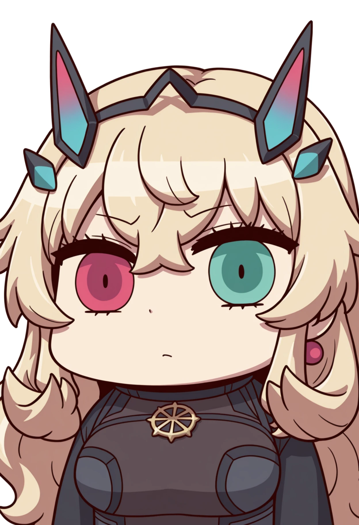 april fools, chibi,barghest \(fate\), 1girl, solo, long hair, looking at viewer, blue eyes, large breasts, blonde hair, green eyes, horns, heterochromia, multicolored eyes, simple background, white background, close-up, ((upper body)), masterpiece, best quality, ultra-detailed, highest quality, official art, absurdres, latest, very awa, very aesthetic, detailed shading, (detailed background, complex background), amazing quality, intricate, hyper-detailed, excellent, latest,