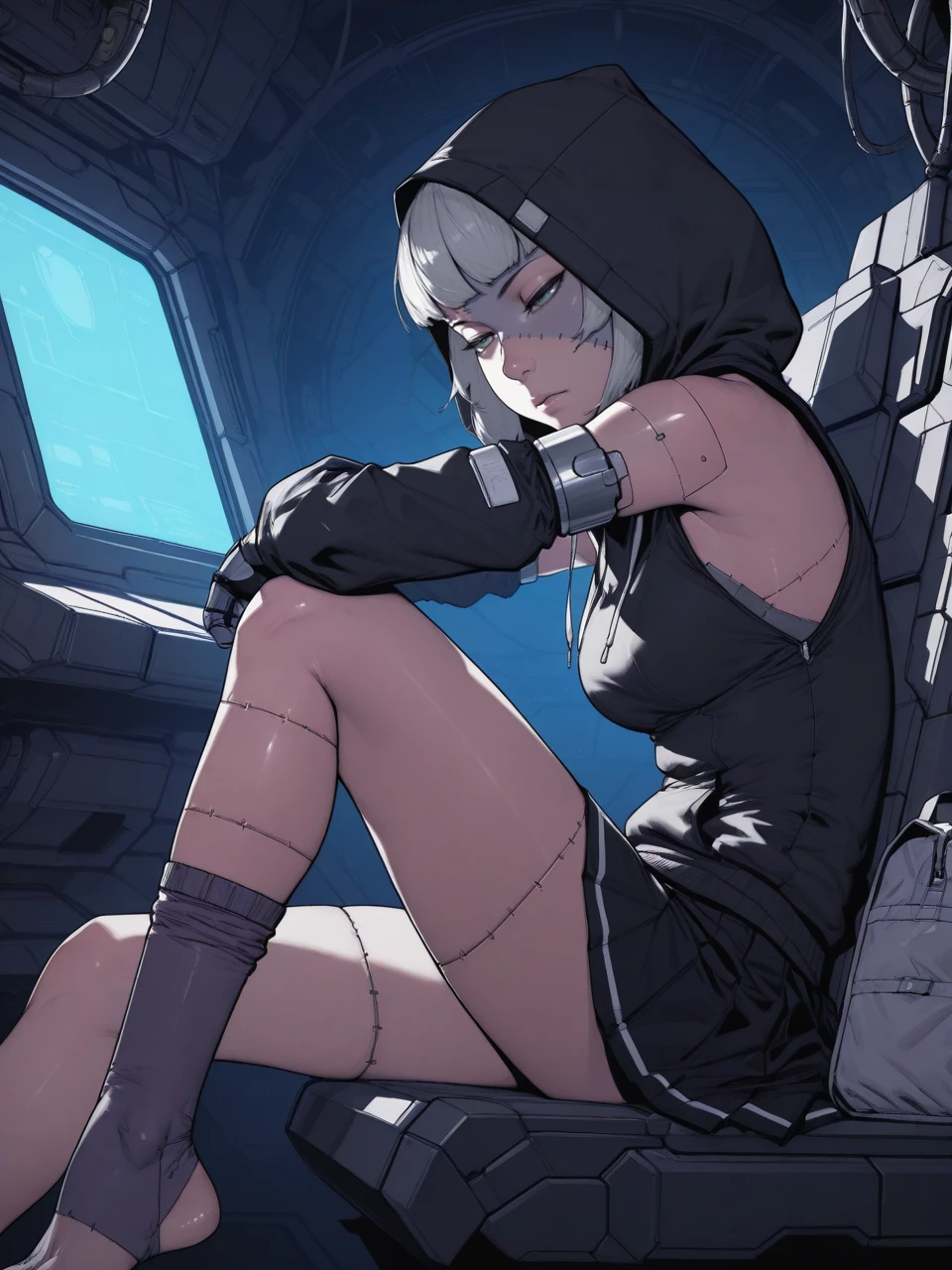 score_9, score_7_up, best quality, ultra-detailed, highres , 2d, lineart,
black dress, half-closed eyes, bag,hoodie, patchwork skin, mechanical arms, detached sleeves, single sock, skirt, sfw, solo,1girl, sitting, side view, closeup, dark interior, scifi,
rat huang, <lora:Rat_Huang-pony:1>