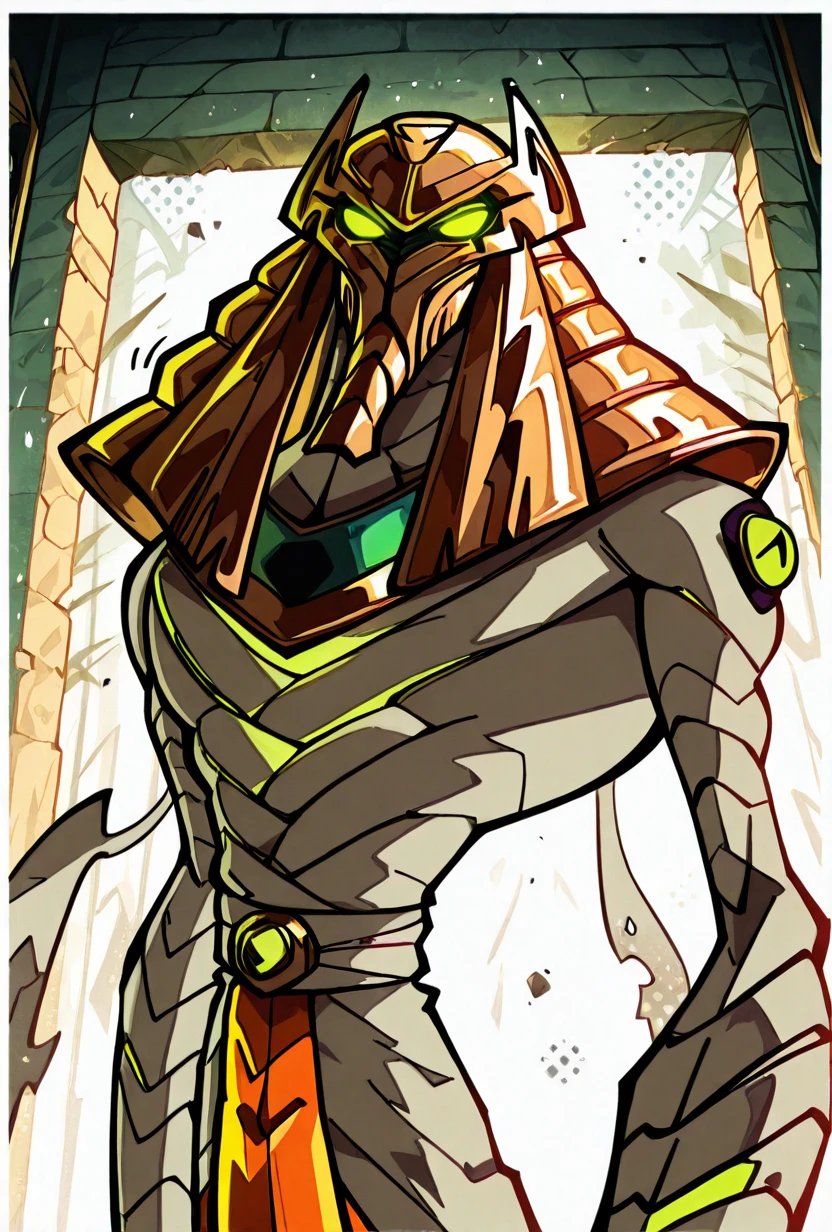 <lora:snareoh-07:1> snareoh, solo, male focus, no humans, 1boy, glowing eyes, green eyes, brown helmet, monster, mask, egyptian clothes,mummy bandages, mummy, massive hands, Cartoon, dynamic pose <lora:sakfsdajfkasd:1> alpharecdyt, masterpiece, best quality, amazing quality, very aesthetic, absurdres, newest,, upper body, halftone effect, white borders, abstract background:1.2,